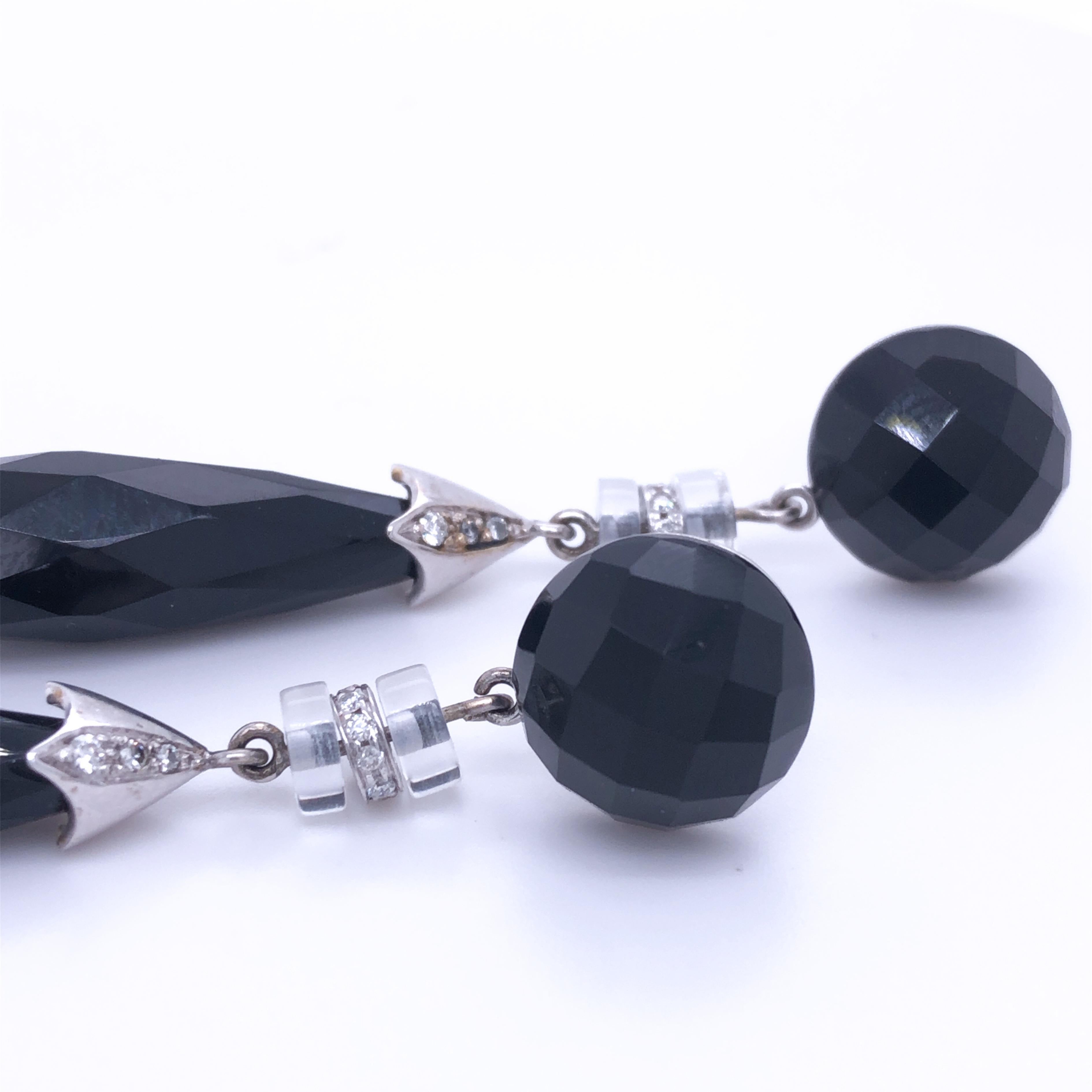 Brilliant Cut Berca Onyx White Diamond Rock Crystal 18 Karat Gold Drop Earrings For Sale