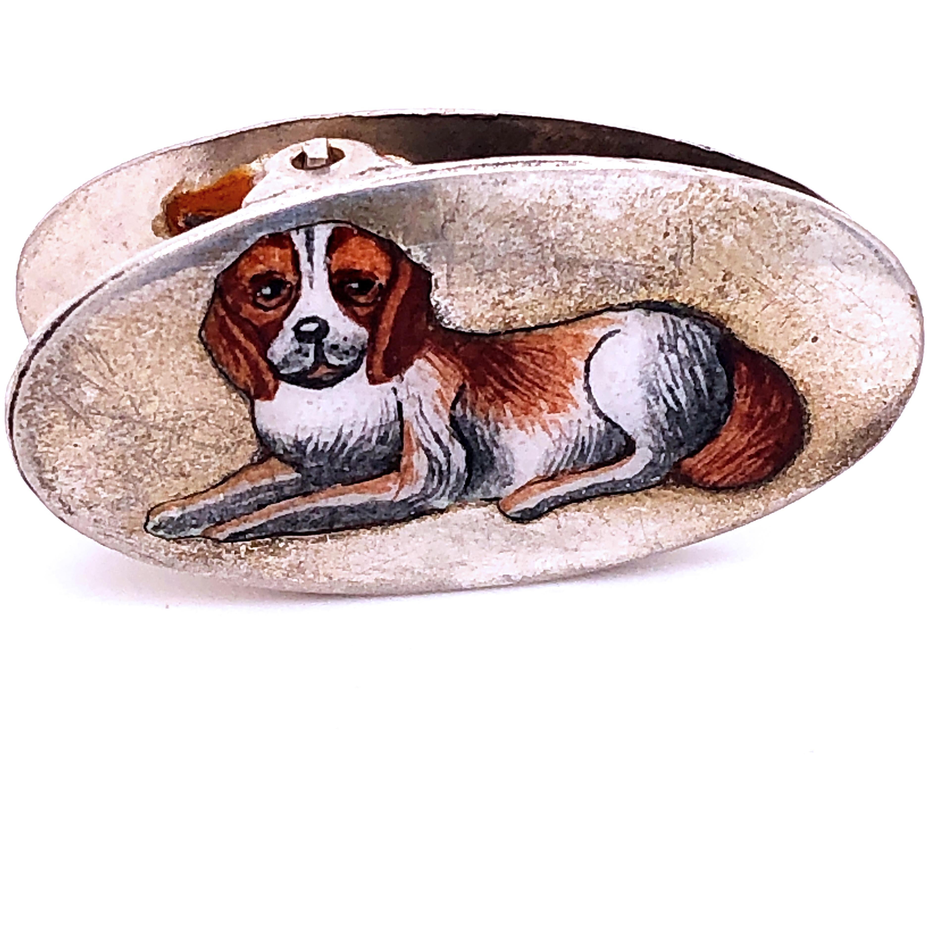 Women's or Men's Original 1920 Hound Hand Enameled Tie Clip and Cufflinks Silver Set