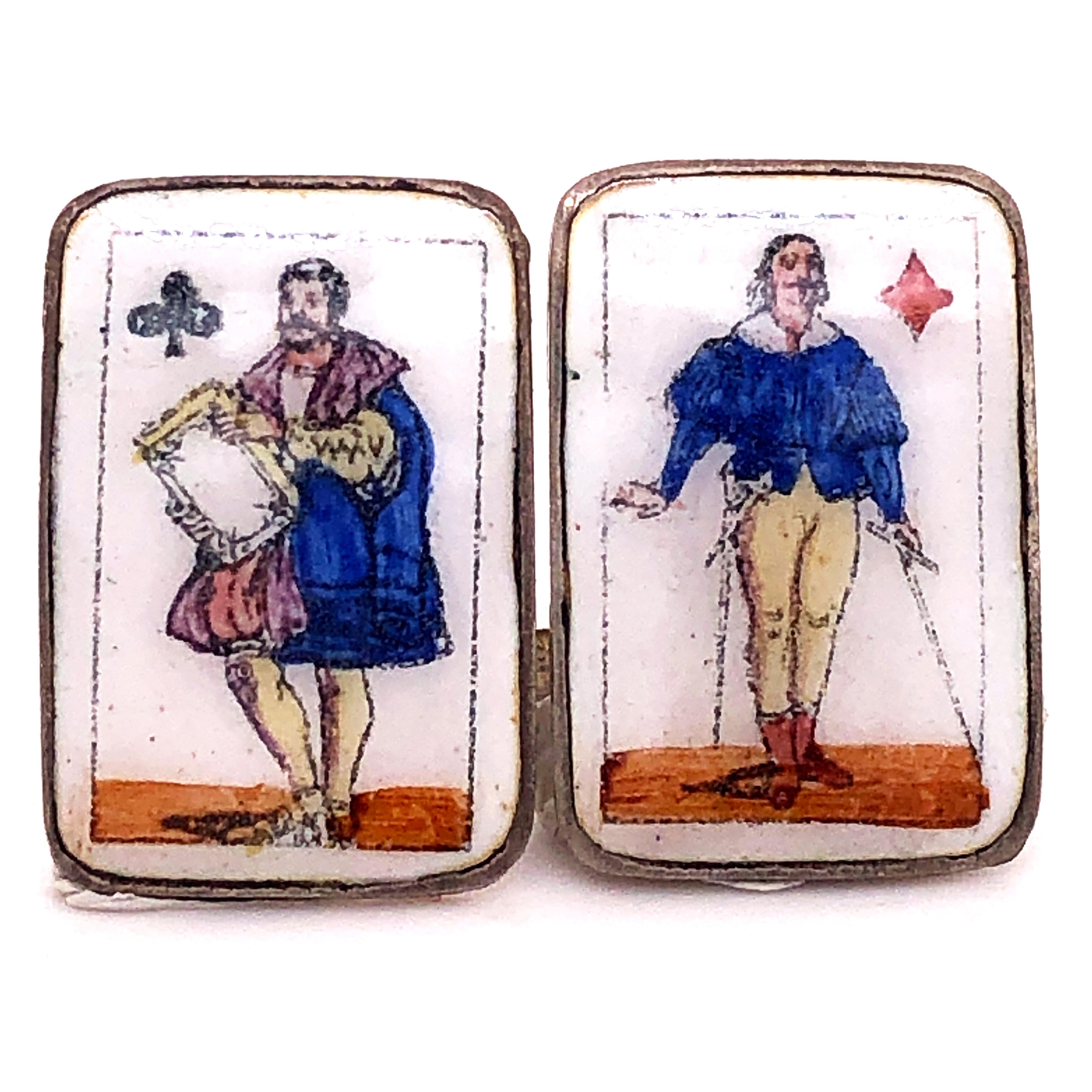 Original 1920 Jack Card Hand Enameled Silver Cufflinks In Excellent Condition In Valenza, IT