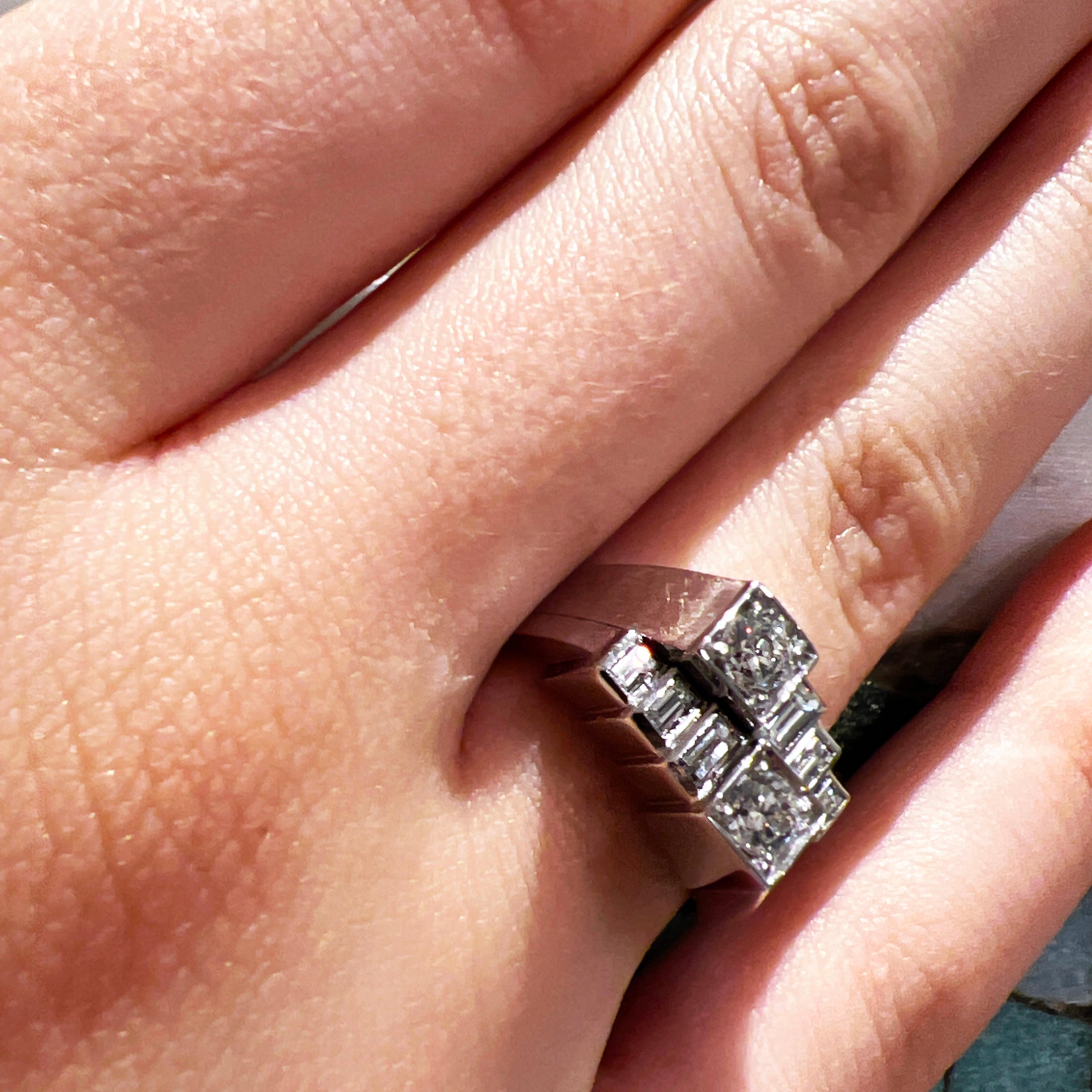 Berca Original 1950 White Diamond Toi et Moi Architectural Cocktail Ring For Sale 6