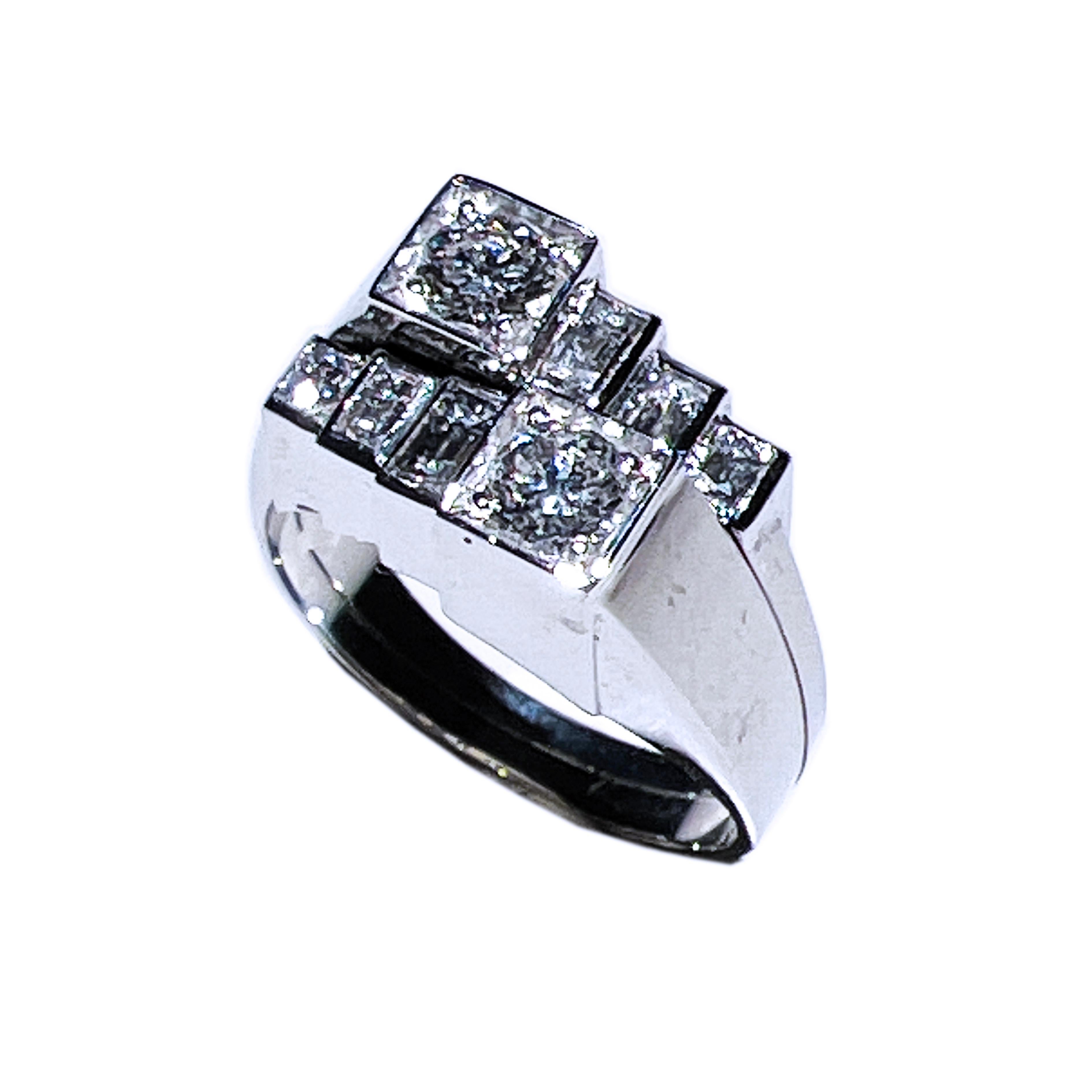 Contemporary Berca Original 1950 White Diamond Toi et Moi Architectural Cocktail Ring For Sale