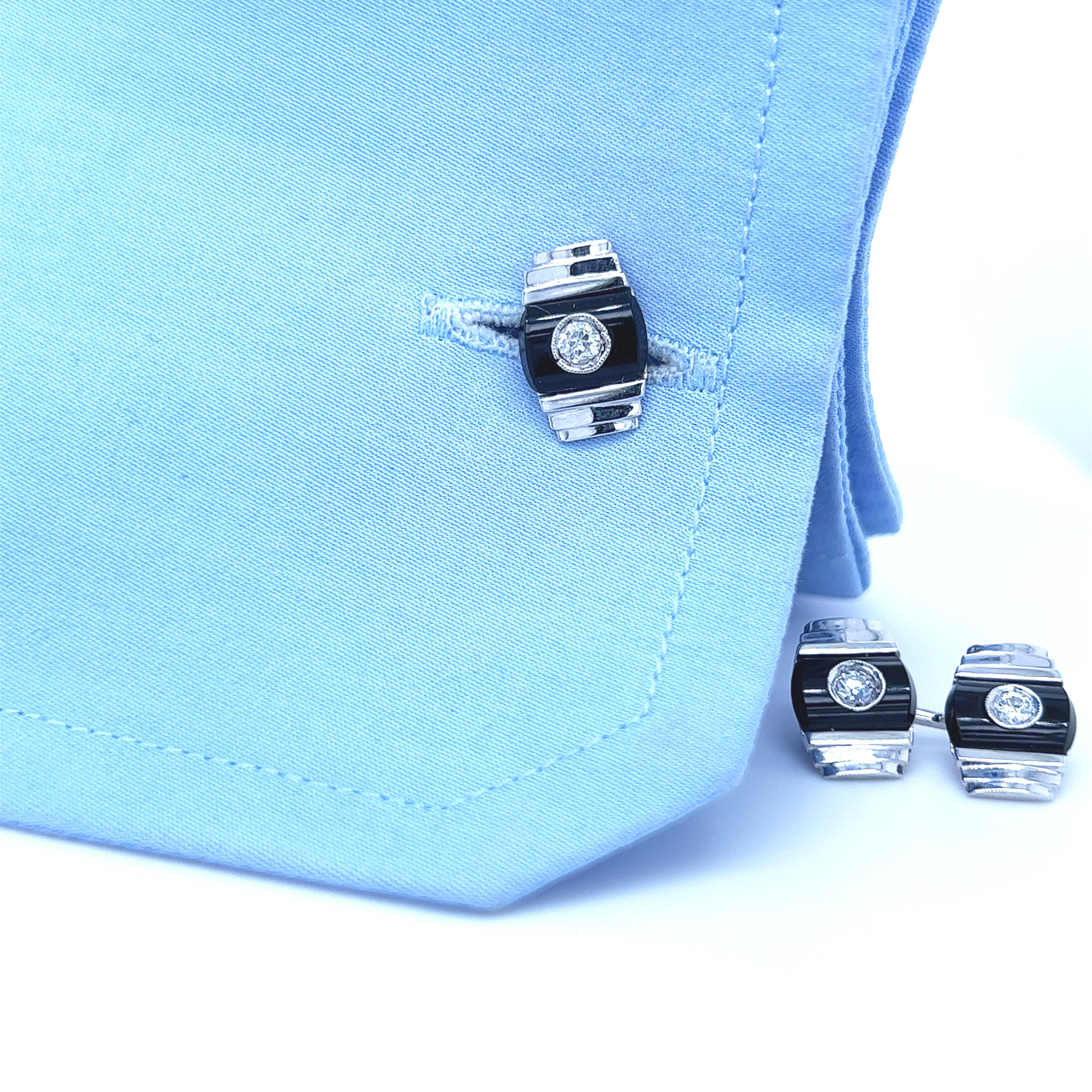 Berca Original 1960 White Diamond Hand Inlaid Onyx White Gold Setting Cufflinks In New Condition For Sale In Valenza, IT