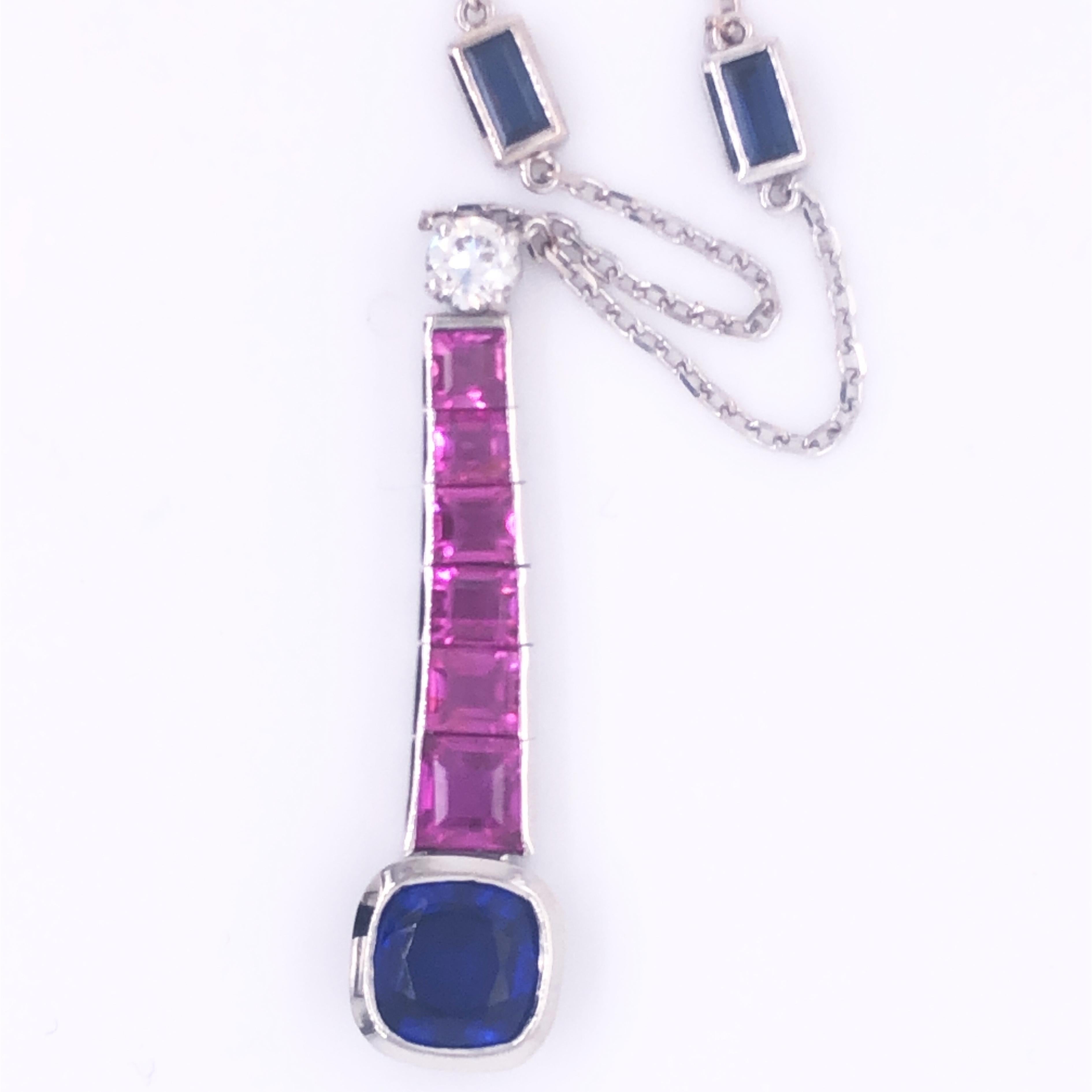 Berca Original 1970 2.51kt Zafiro Azul Rubí Blanco Diamante Collar Platino Corte cojín antiguo en venta
