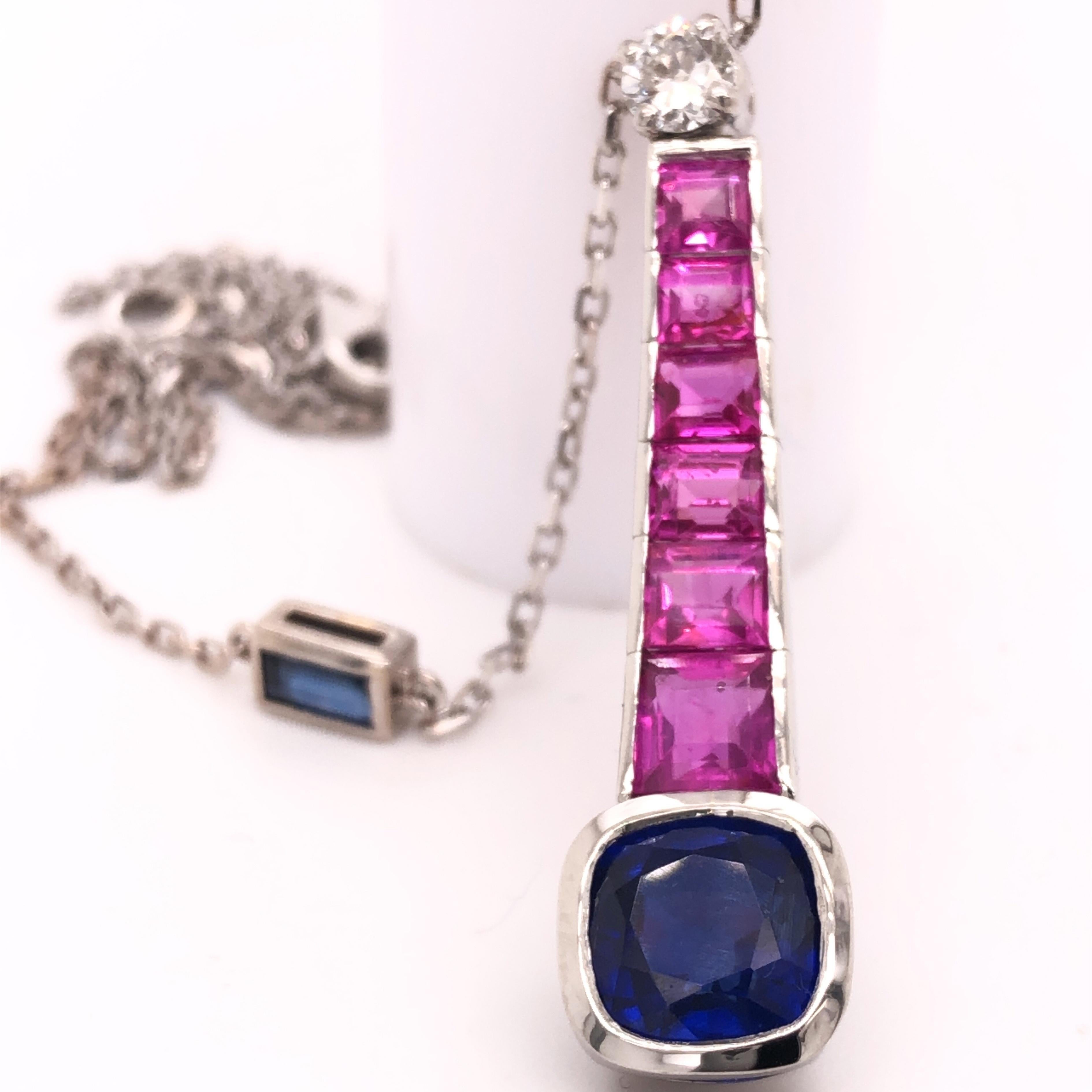 Berca Original 1970 2.51kt Blue Sapphire Ruby White Diamond Platinum Necklace For Sale 3