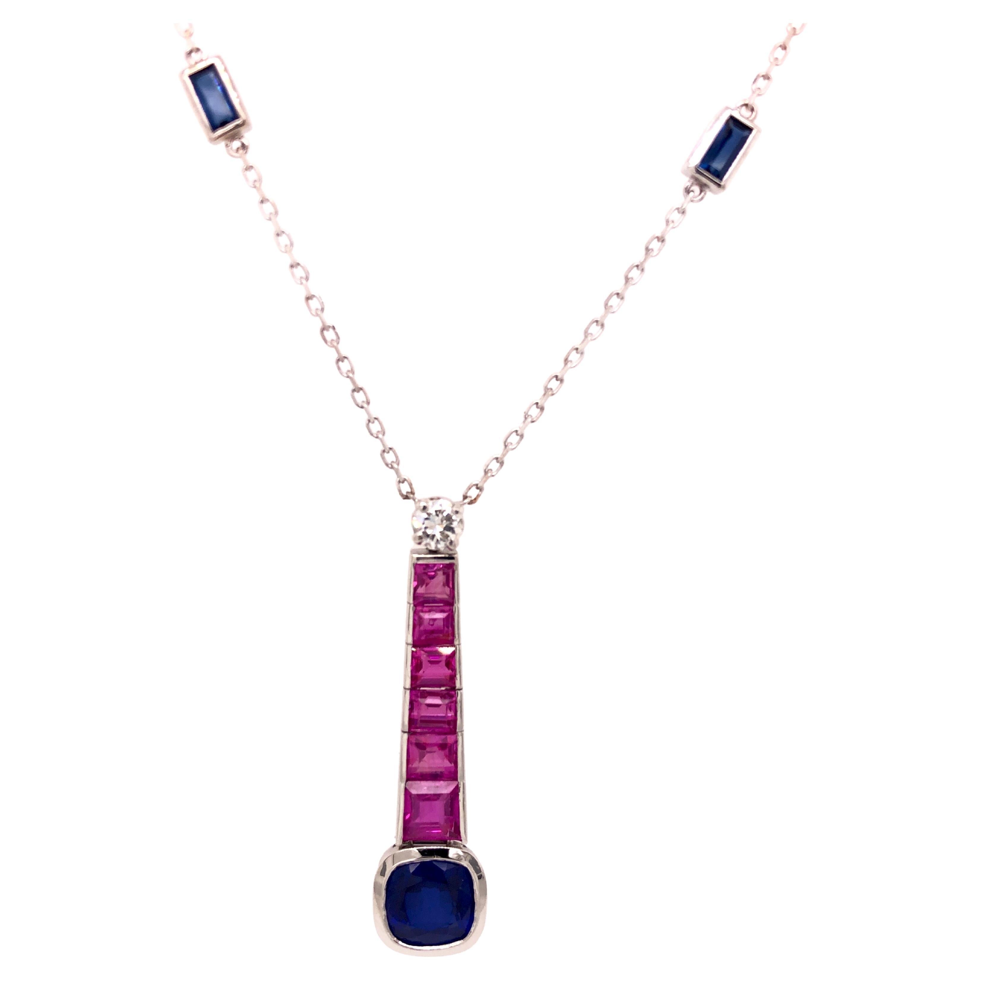Berca Original 1970 2.51kt Blue Sapphire Ruby White Diamond Platinum Necklace For Sale