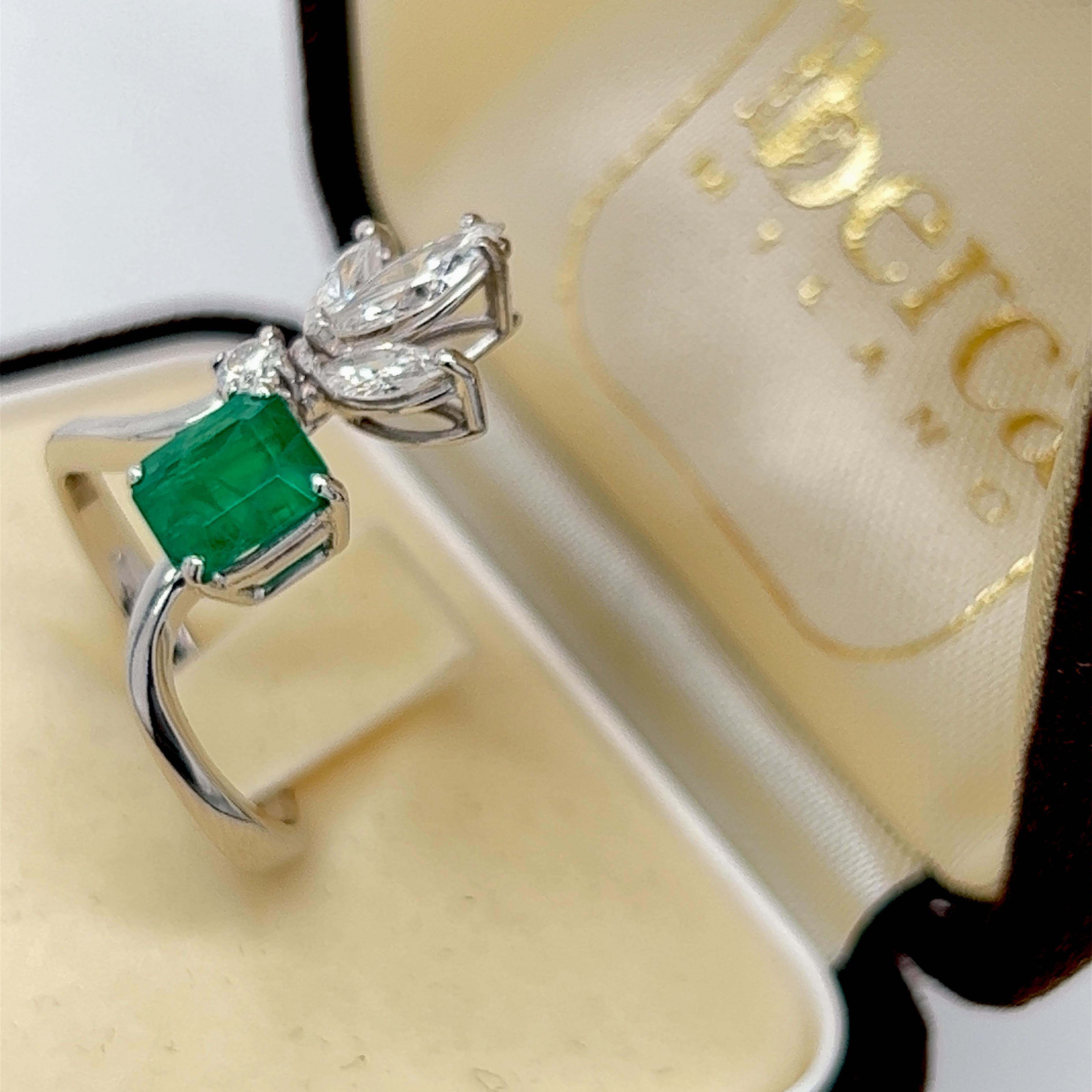 Emerald Cut Berca Original 1970 Natural Muzo Emerald White Diamond Marquise Cocktail Ring For Sale