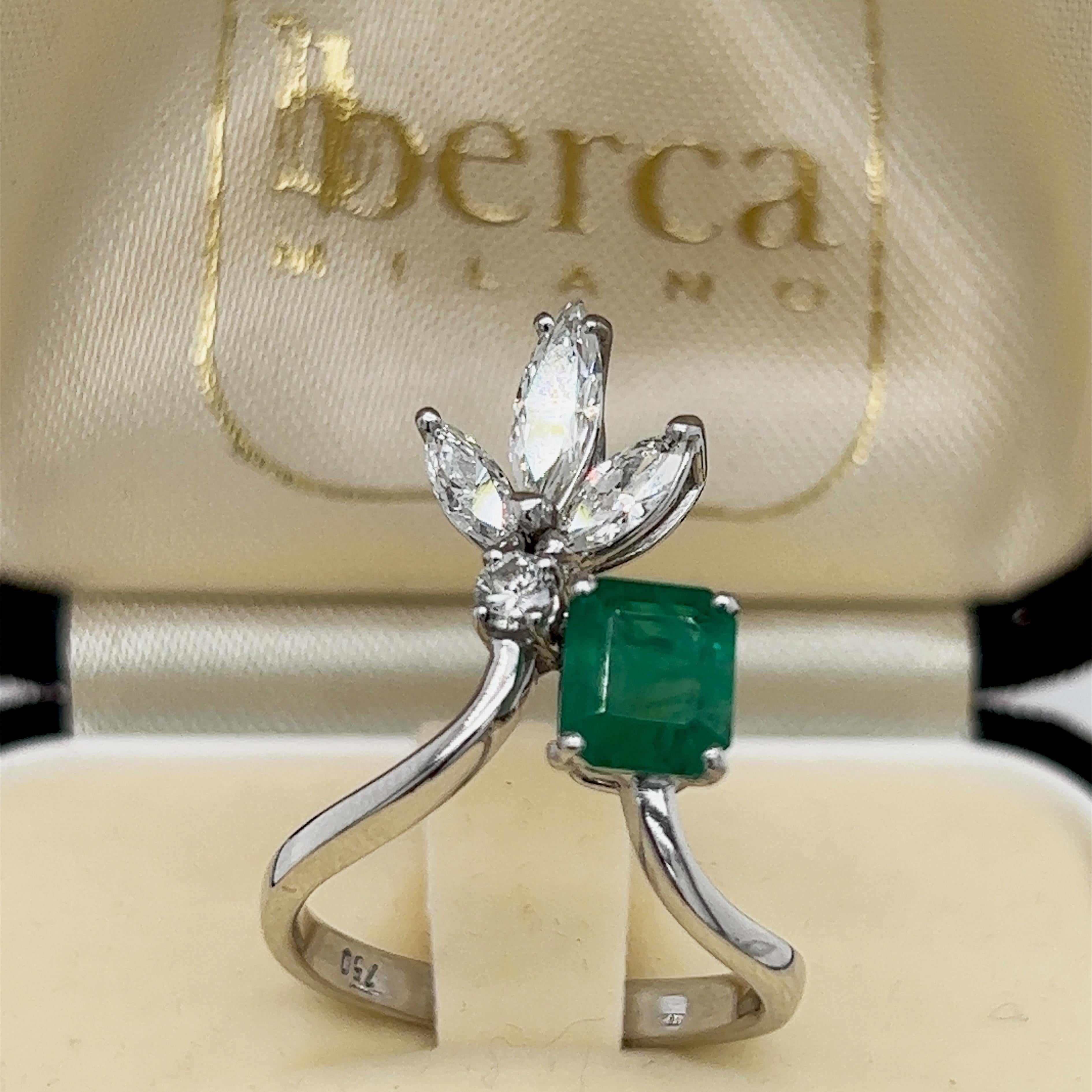 Berca Original 1970 Natural Muzo Emerald White Diamond Marquise Cocktail Ring In New Condition For Sale In Valenza, IT