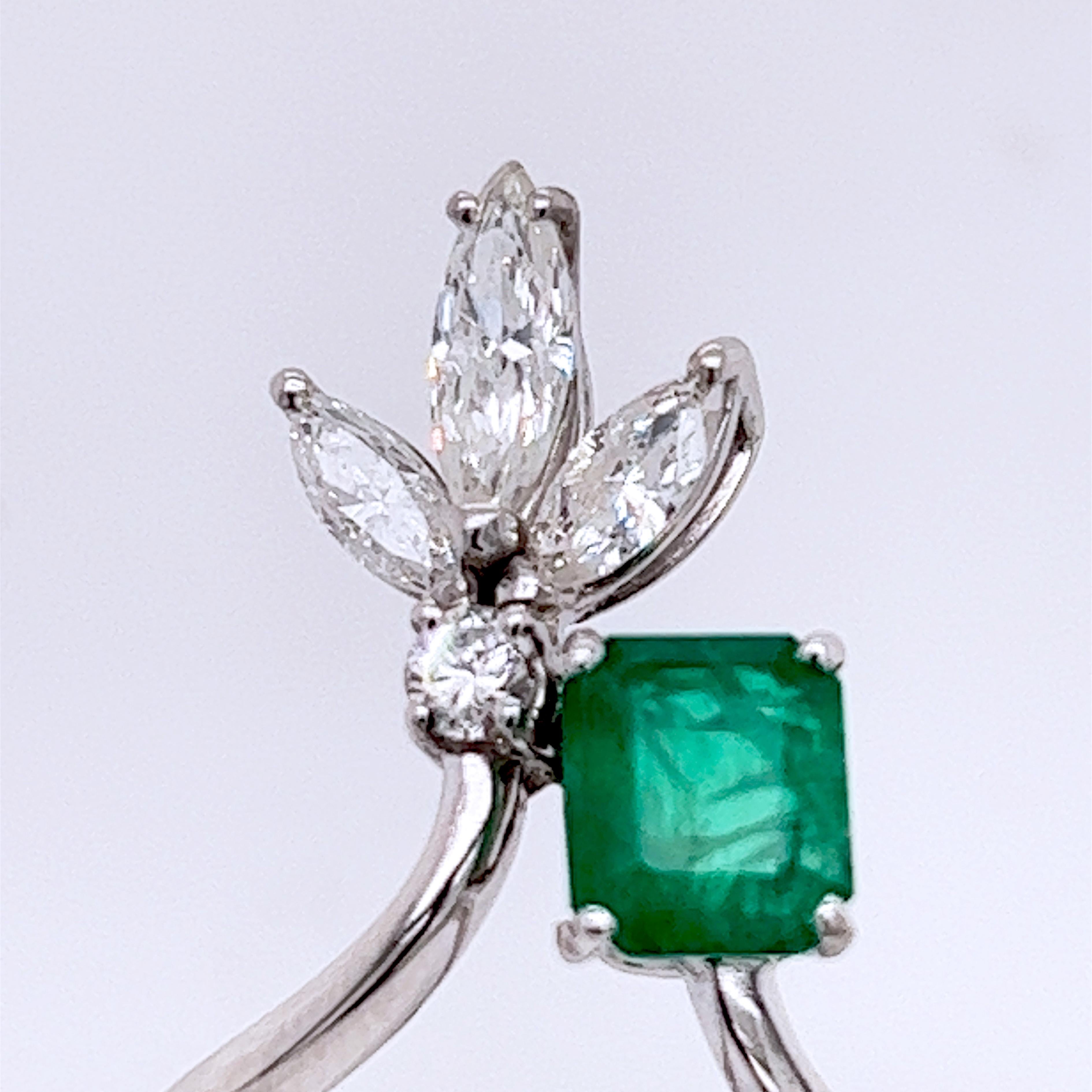 Berca Original 1970 Natural Muzo Emerald White Diamond Marquise Cocktail Ring For Sale 1