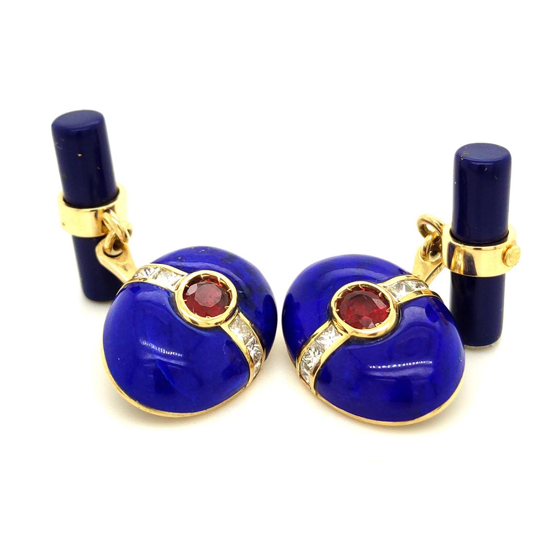 Oval Cut Berca Oval Lapislazzuli Square Cut Diamond Oval Ruby 18 Kt Gold Cufflinks For Sale