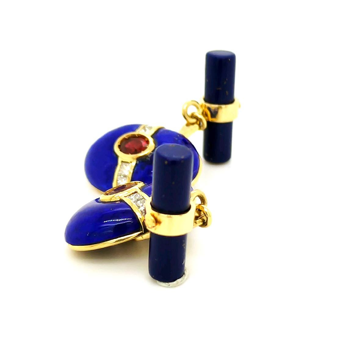 Berca Oval Lapislazzuli Square Cut Diamond Oval Ruby 18 Kt Gold Cufflinks In New Condition For Sale In Valenza, IT