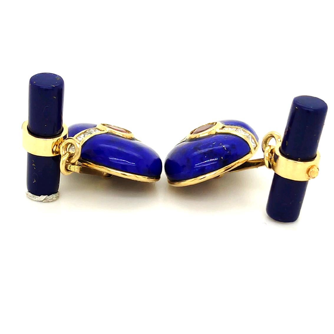 Men's Berca Oval Lapislazzuli Square Cut Diamond Oval Ruby 18 Kt Gold Cufflinks For Sale