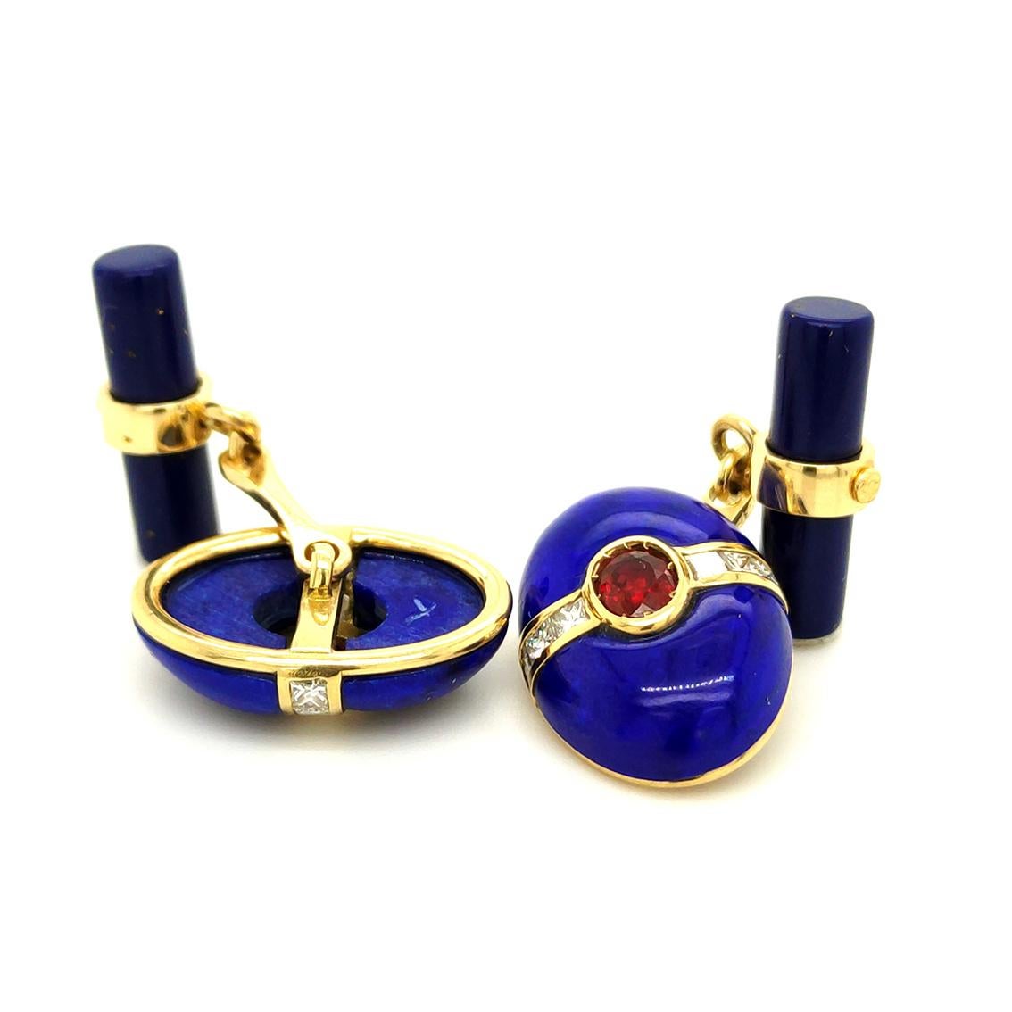 Berca Oval Lapislazzuli Square Cut Diamond Oval Ruby 18 Kt Gold Cufflinks For Sale 1
