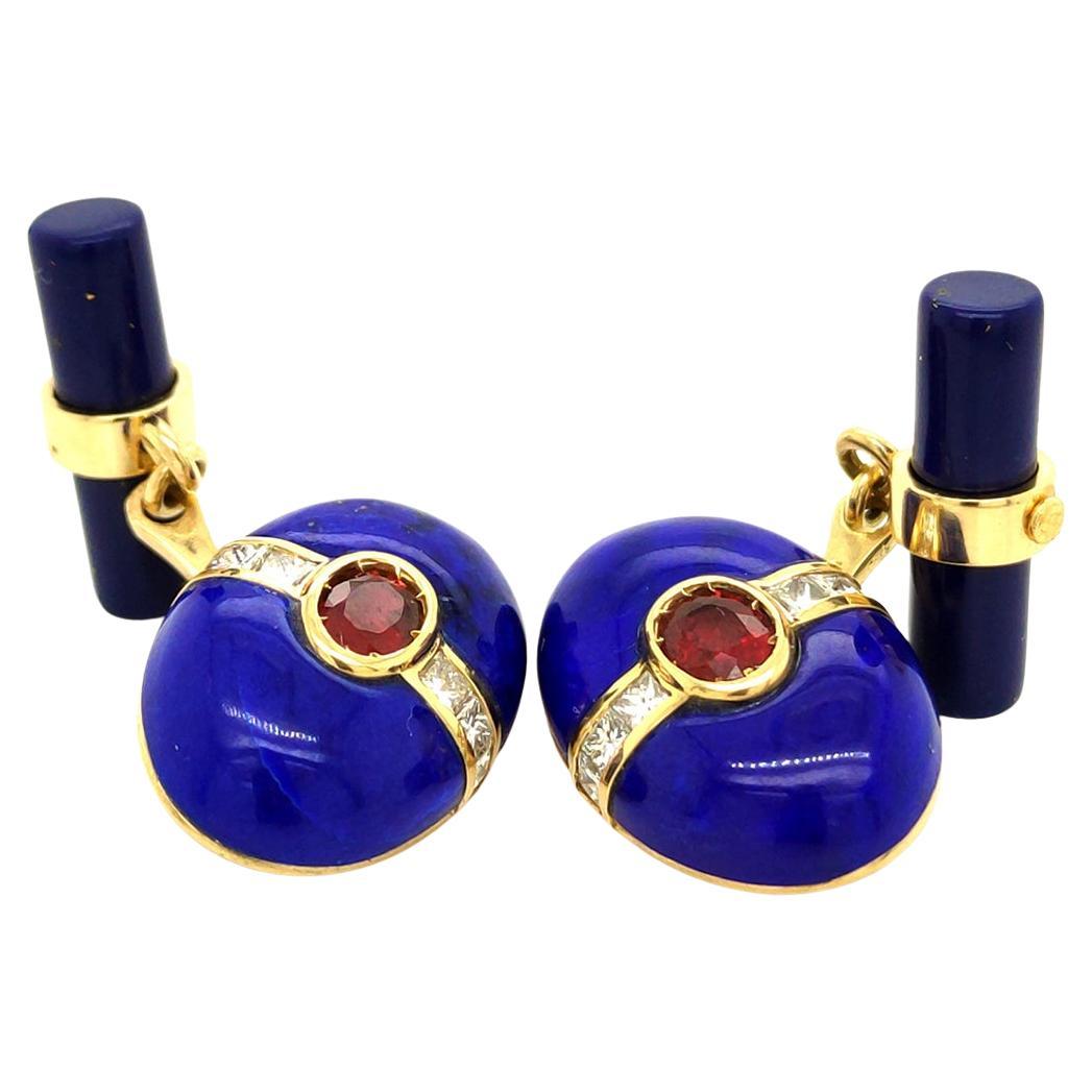 Berca Oval Lapislazzuli Square Cut Diamond Oval Ruby 18 Kt Gold Cufflinks For Sale