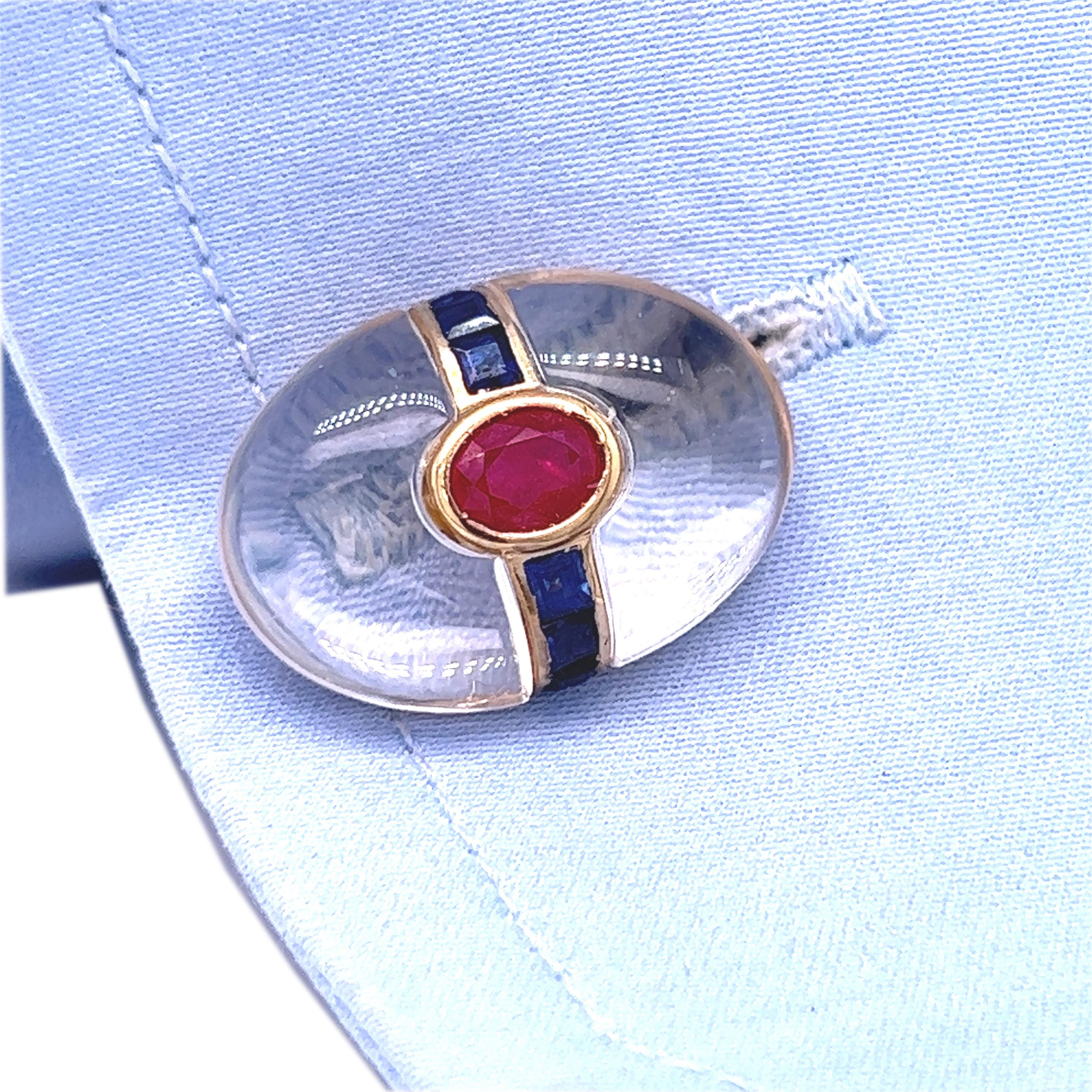 Berca Oval Rock Crystal Square Cut Sapphire Oval Ruby 18 Karat Gold Cufflinks For Sale 2