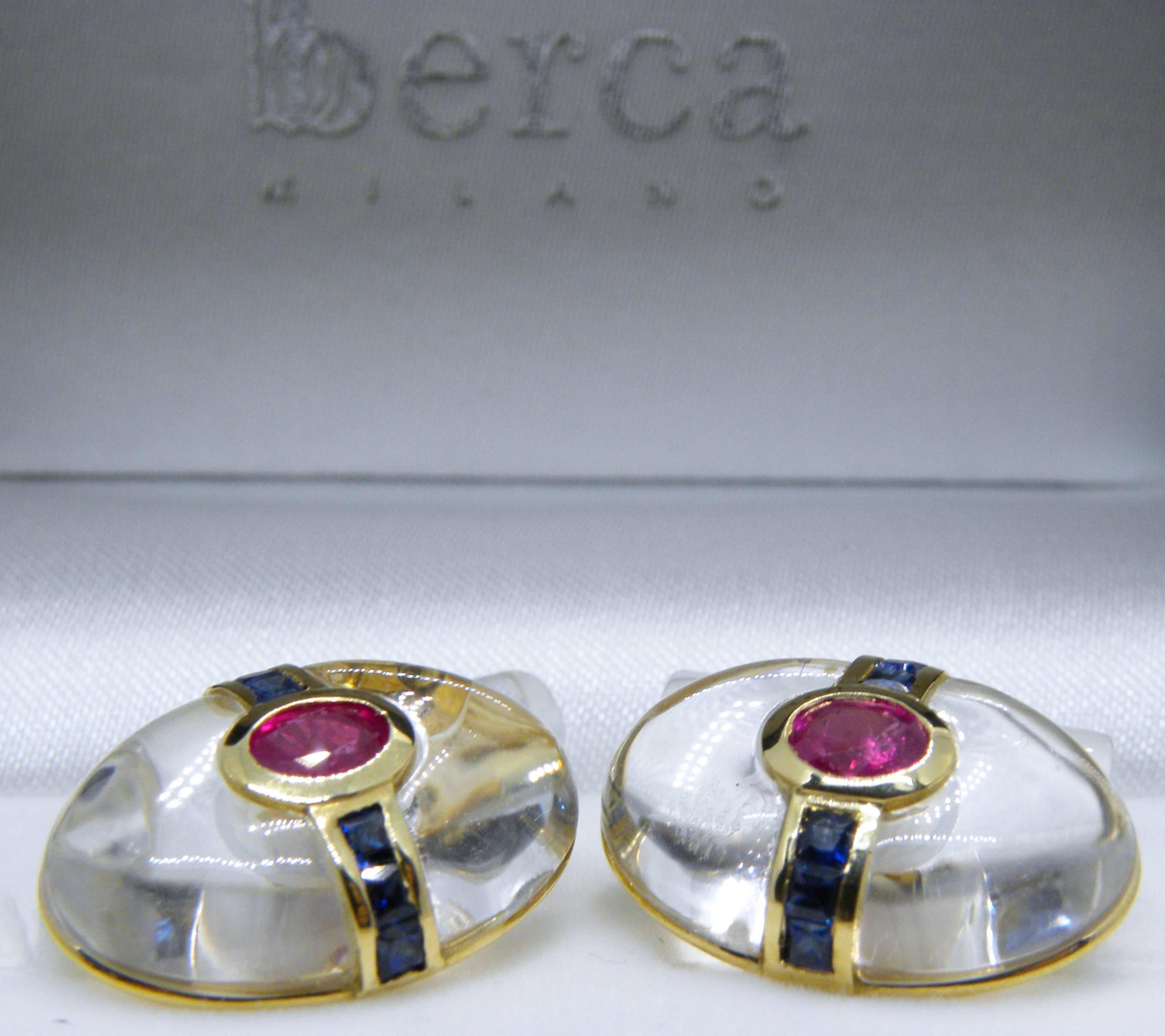 Berca Oval Rock Crystal Square Cut Sapphire Oval Ruby 18 Karat Gold Cufflinks In New Condition For Sale In Valenza, IT