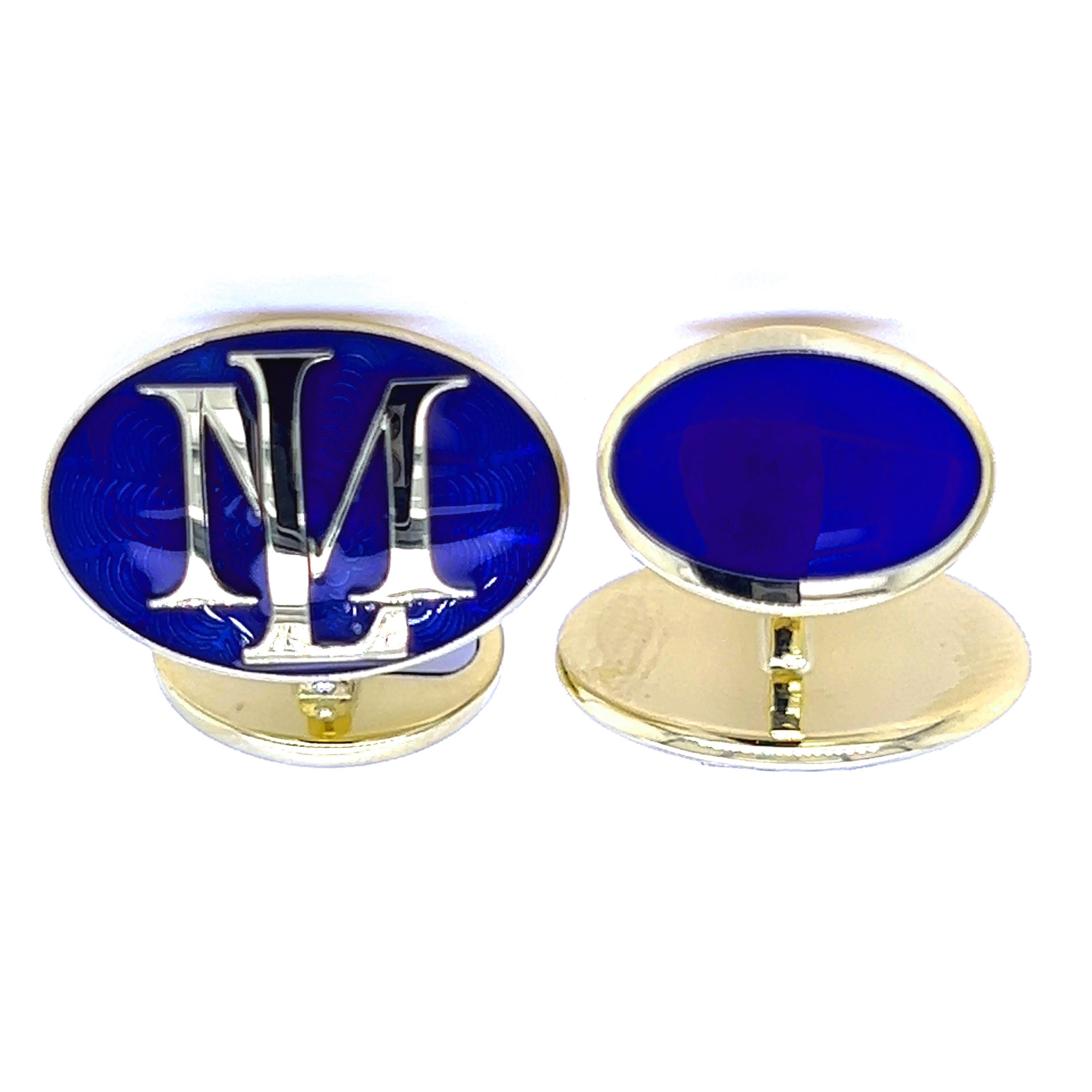 Chic yet Timeless, One-of-a-kind, Oval, Royal Blue Hand Enameled Bespoke Initials Hand Engraved 18kt White and Yellow Gold Cufflinks. The Cufflink back is carefully hand enameled as well.
We are pleased to offer Customization with your own initials.