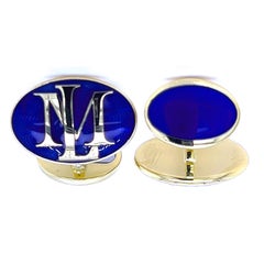 Oval Royal Blue Hand Enameled Initial Bespoke 18kt White Yellow Gold Cufflinks