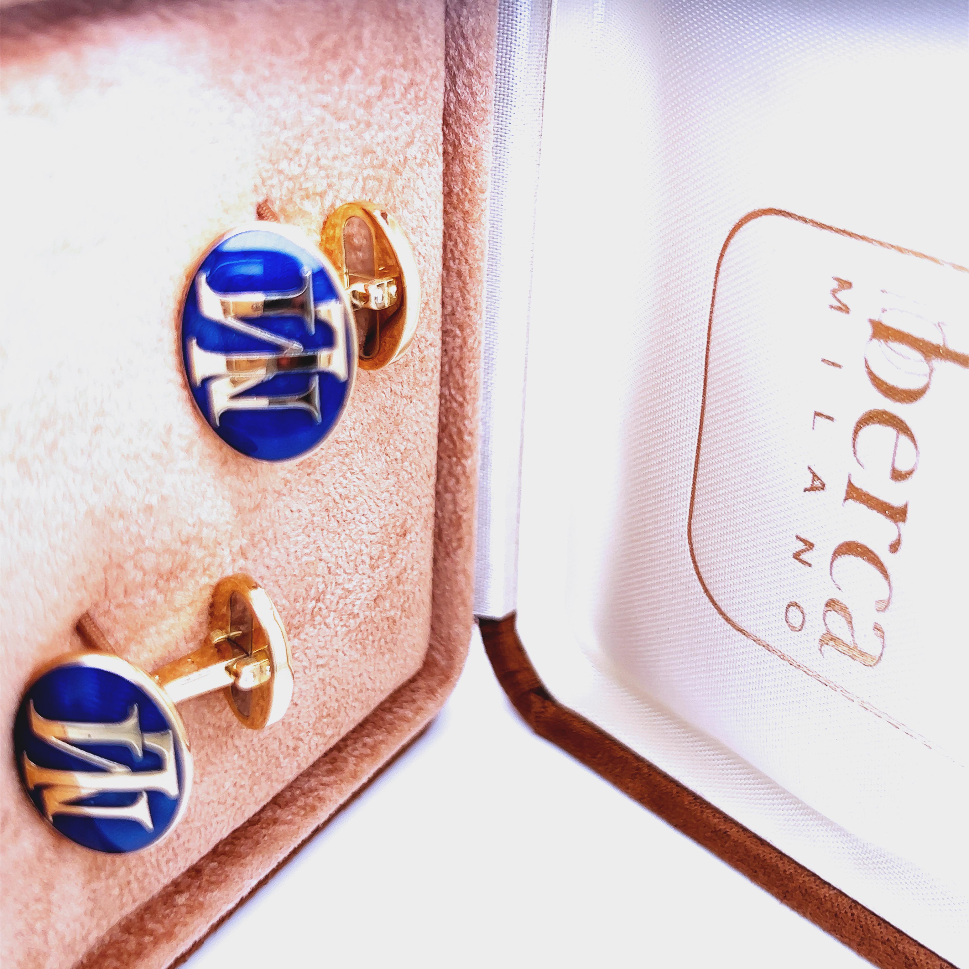 Contemporary Oval Royal Blue Hand Enameled Initial Bespoke 18kt White Yellow Gold Cufflinks For Sale