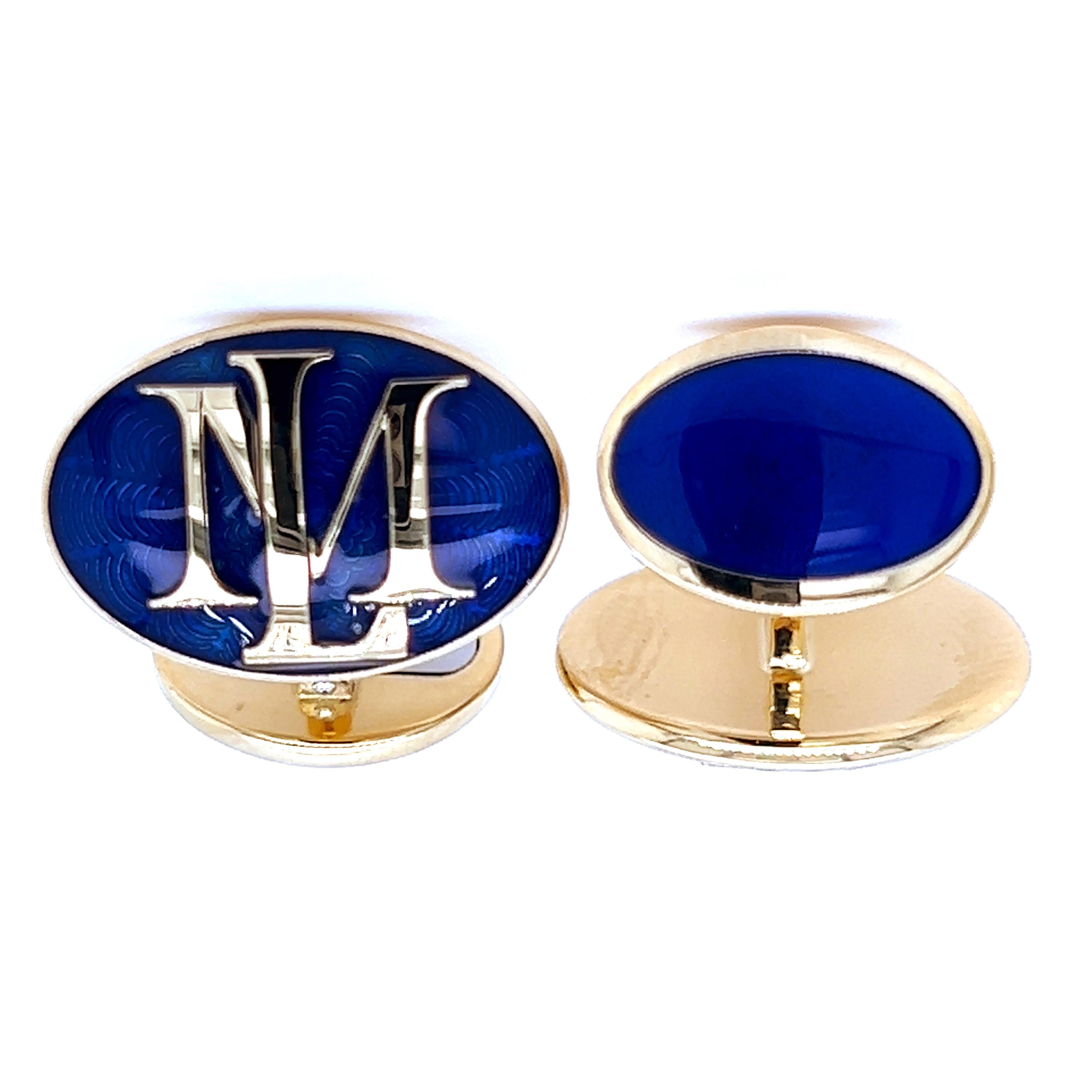 Oval Royal Blue Hand Enameled Initial Bespoke 18kt White Yellow Gold Cufflinks In New Condition For Sale In Valenza, IT