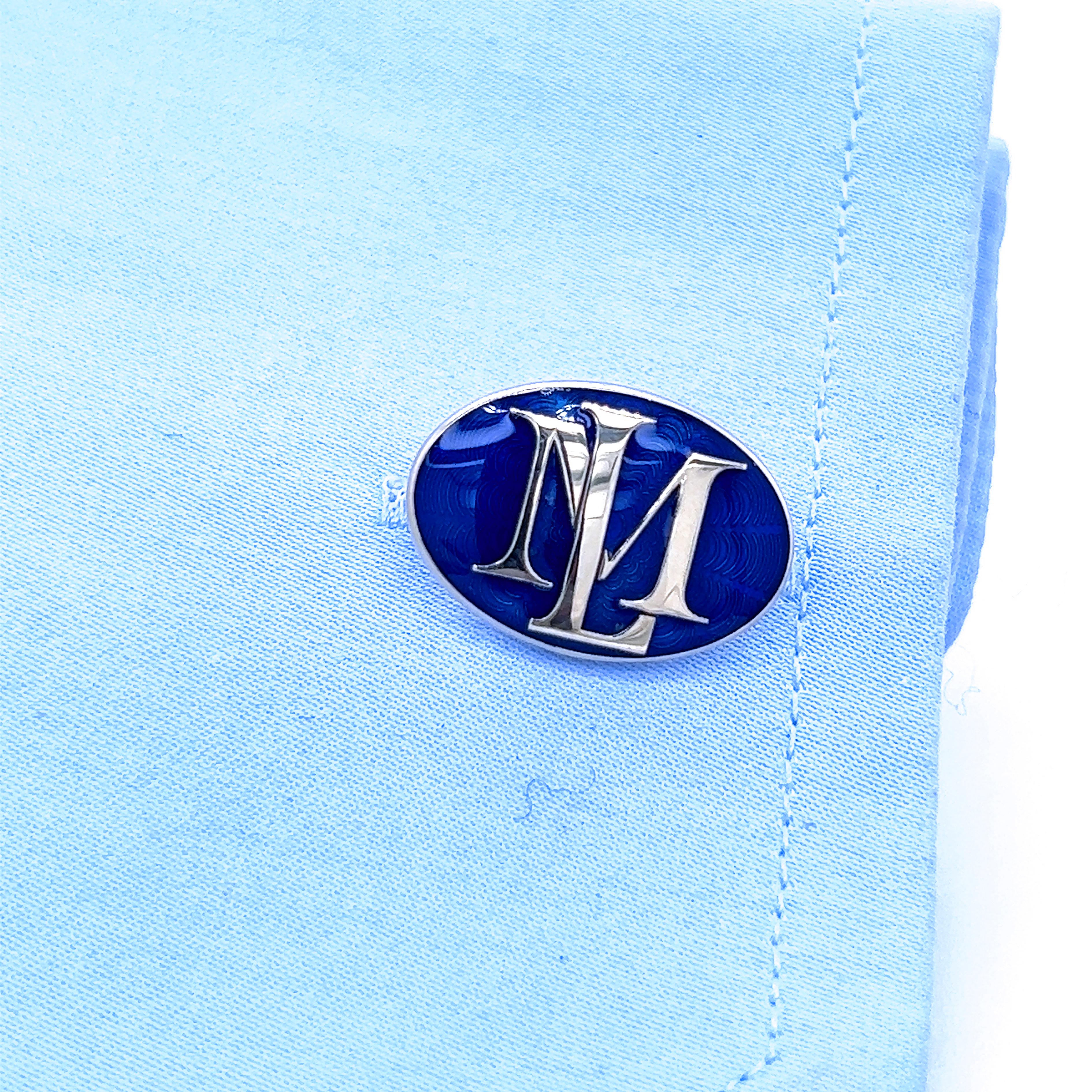Men's Oval Royal Blue Hand Enameled Initial Bespoke 18kt White Yellow Gold Cufflinks For Sale