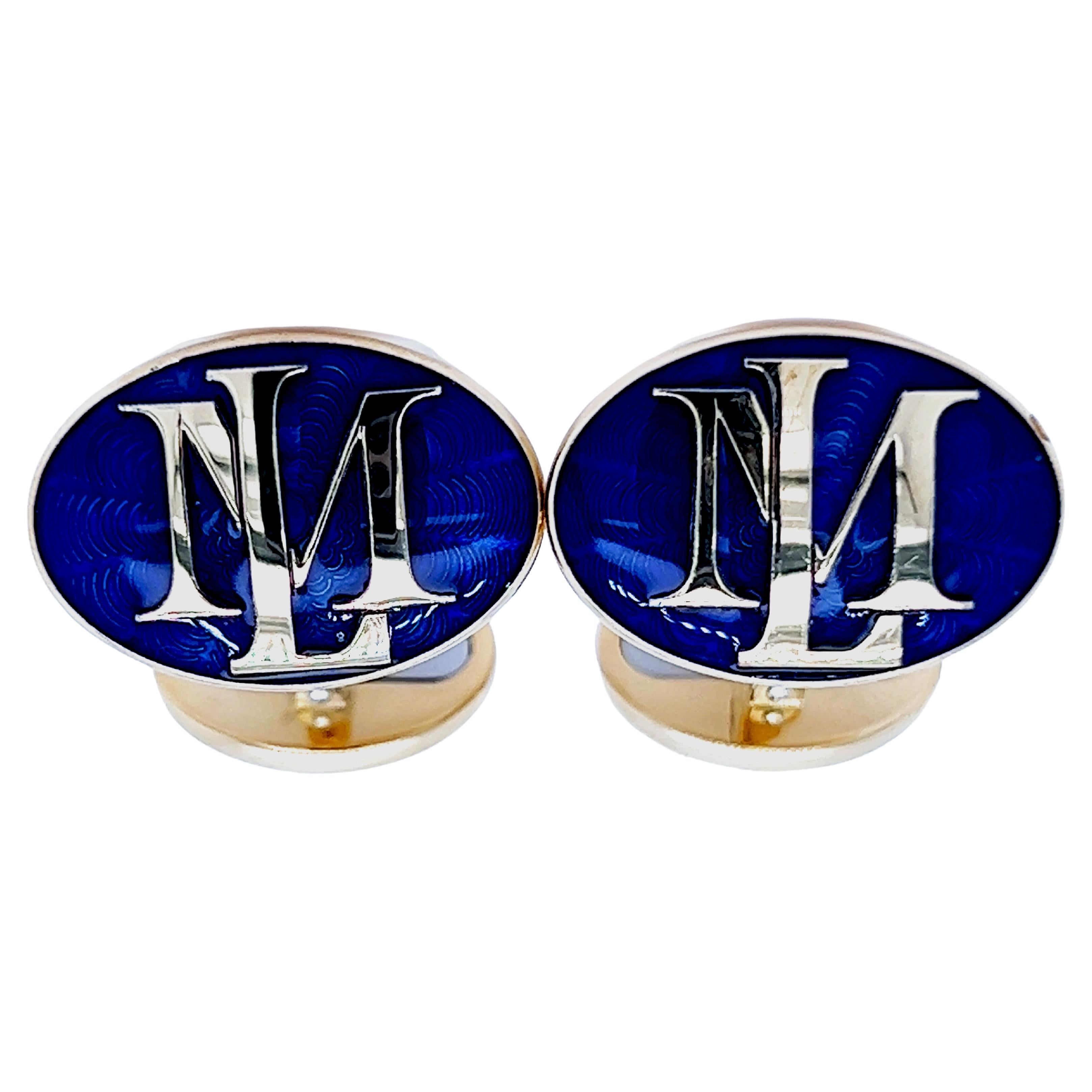 Oval Royal Blue Hand Enameled Initial Bespoke 18kt White Yellow Gold Cufflinks For Sale