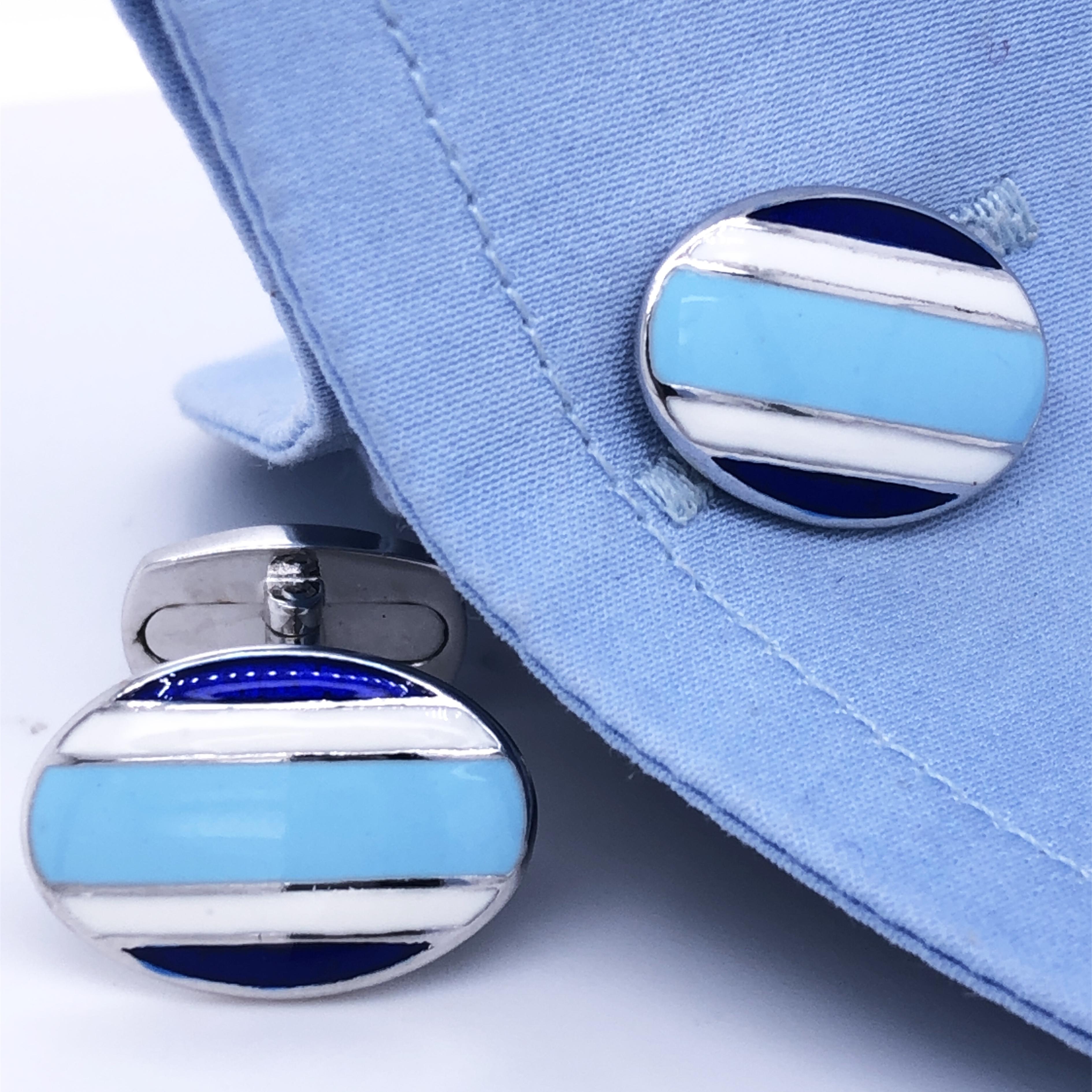 Contemporary Berca Oval Shaped Royal and Baby Blue Hand Enameled Sterling Silver Cuflinks For Sale