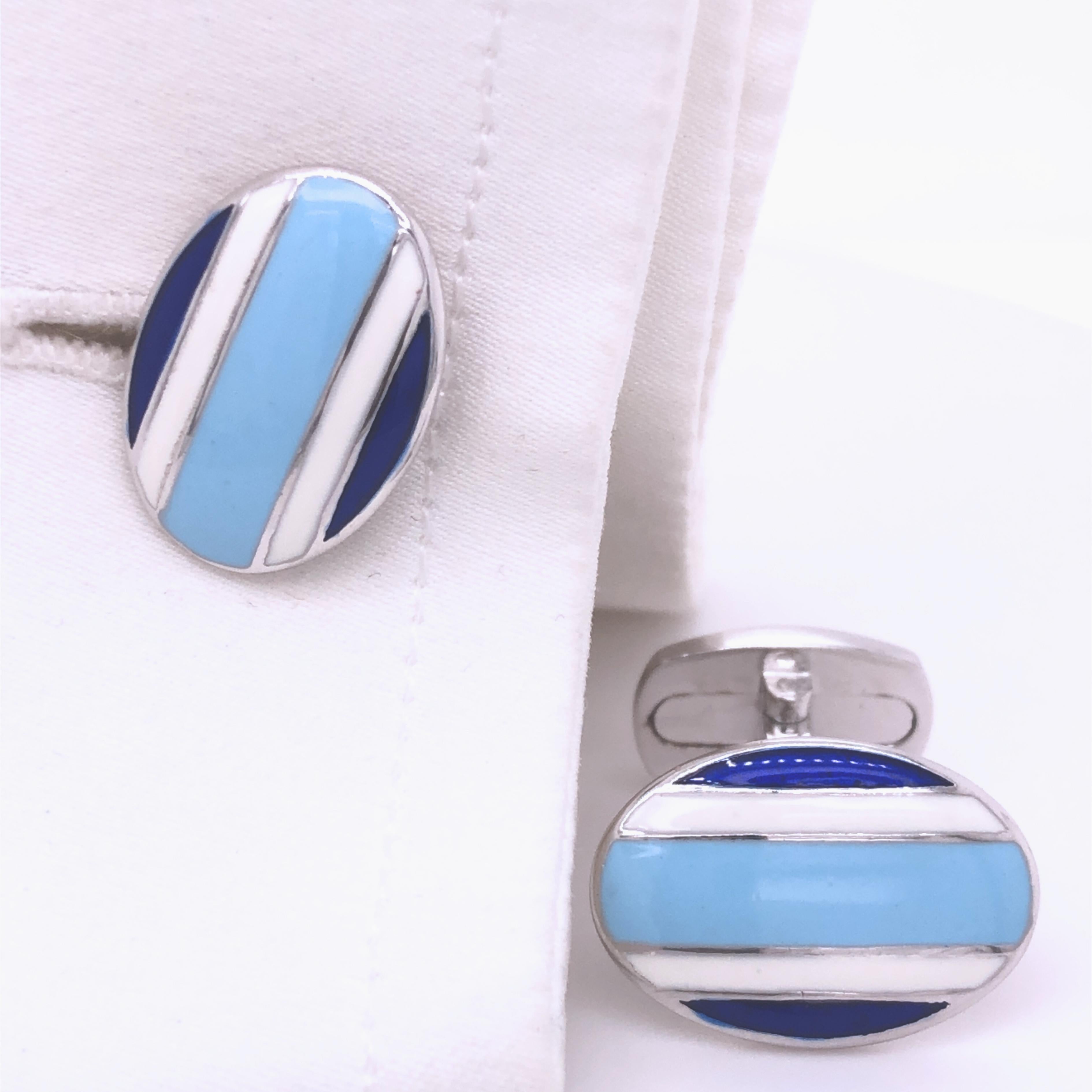 Women's or Men's Berca Oval Shaped Royal and Baby Blue Hand Enameled Sterling Silver Cuflinks For Sale
