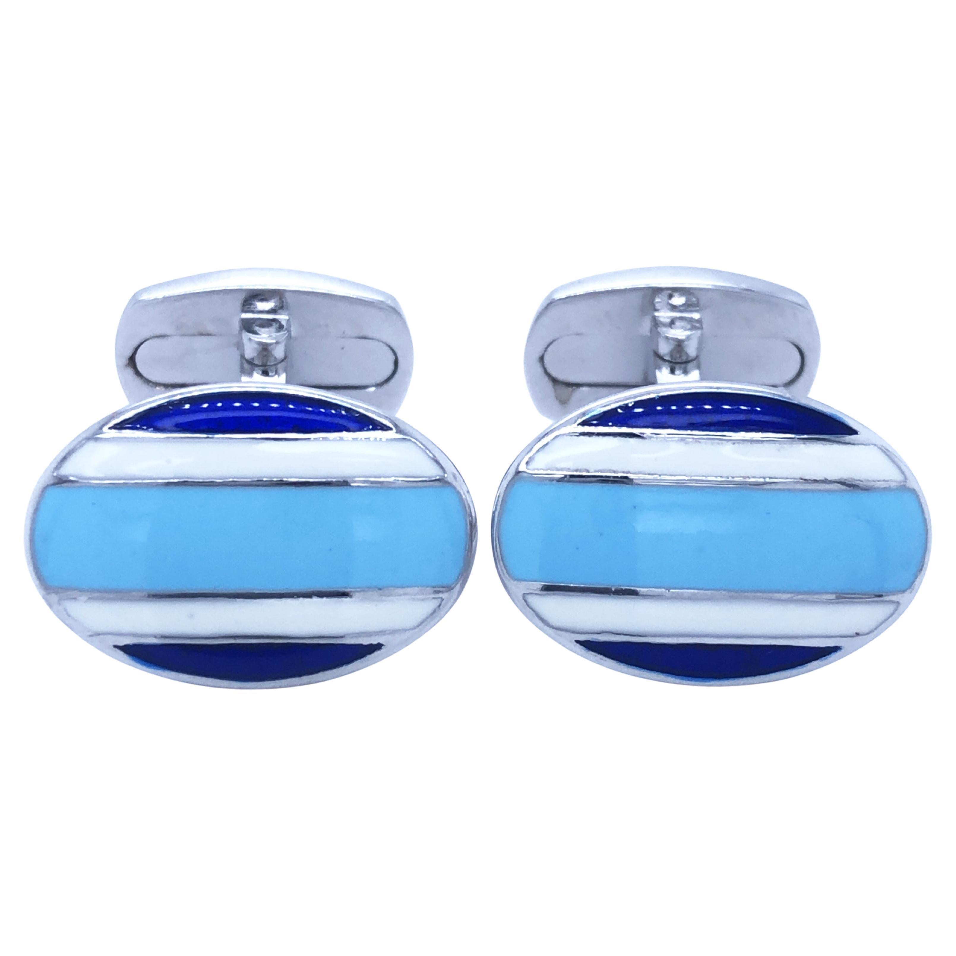 Berca Oval Shaped Royal and Baby Blue Hand Enameled Sterling Silver Cuflinks For Sale