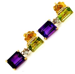 Berca Peridot Amethyst Emerald Cut White Diamond 18 Karat Gold Earrings