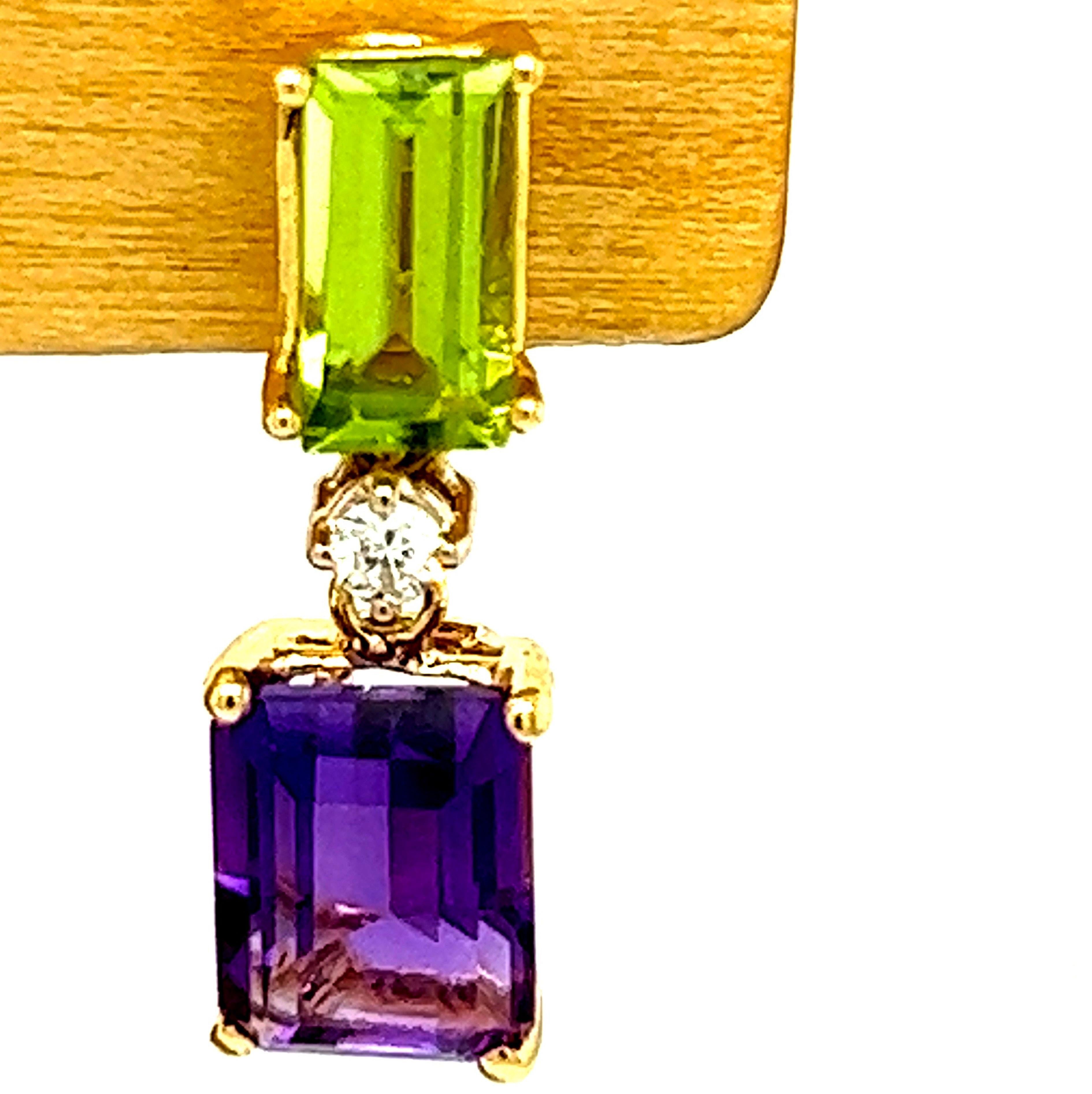 Berca Peridot Amethyst Emerald Cut White Diamond 18 Karat Gold Earrings In New Condition For Sale In Valenza, IT