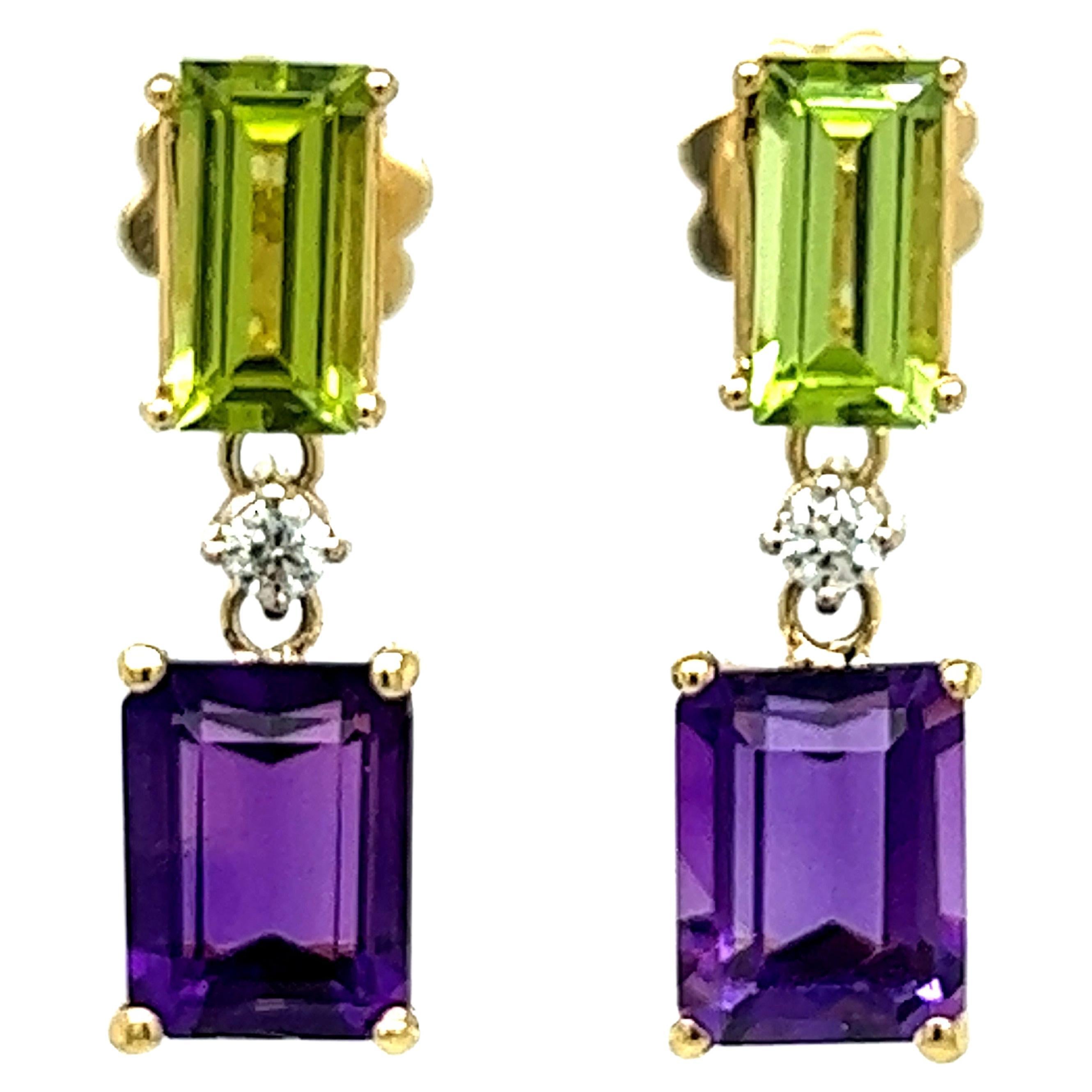 Berca Peridot Amethyst Emerald Cut White Diamond 18 Karat Gold Earrings