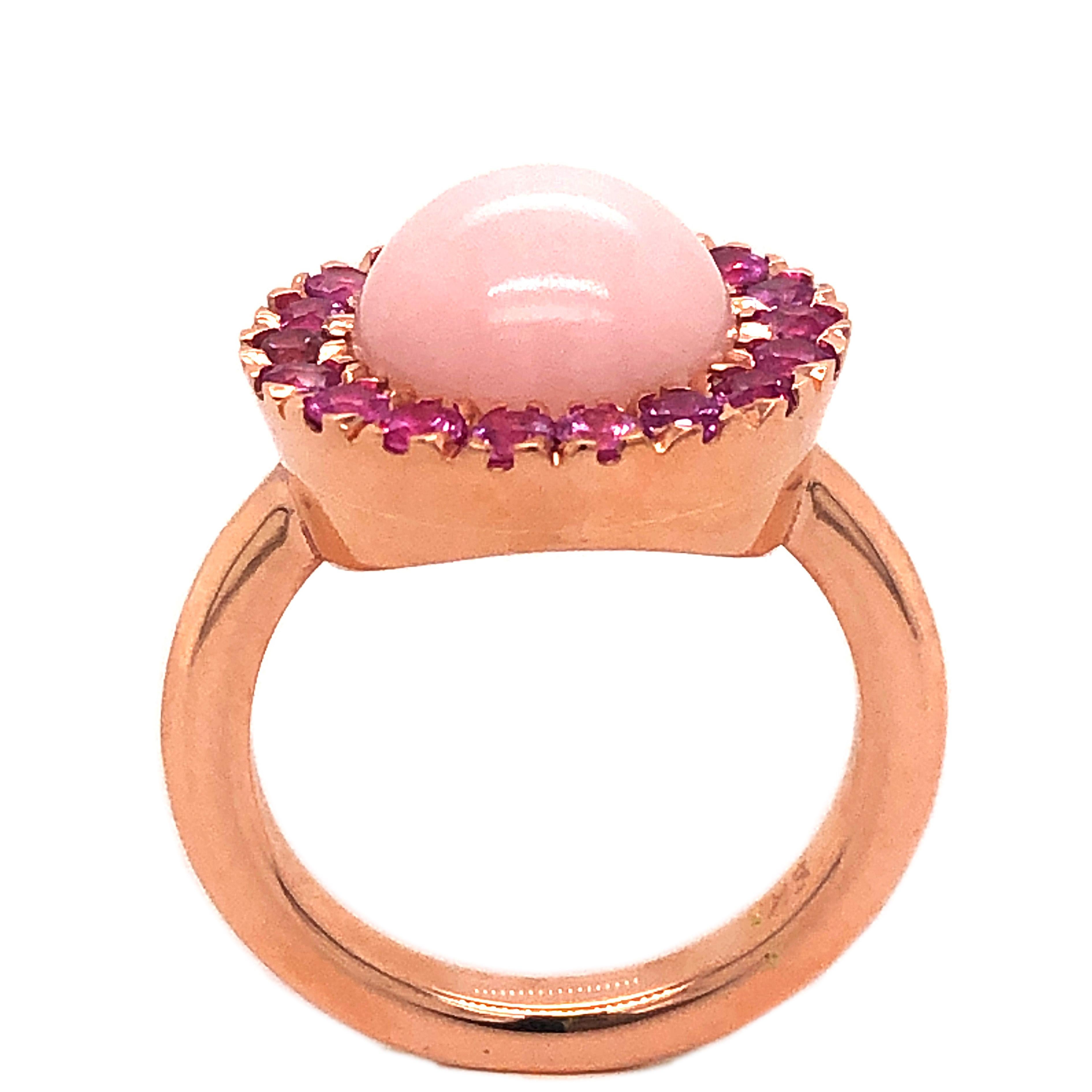 Contemporary Berca Pink Sapphire Round Pale Rose Opal Cabochon Rose Gold Cocktail Ring For Sale