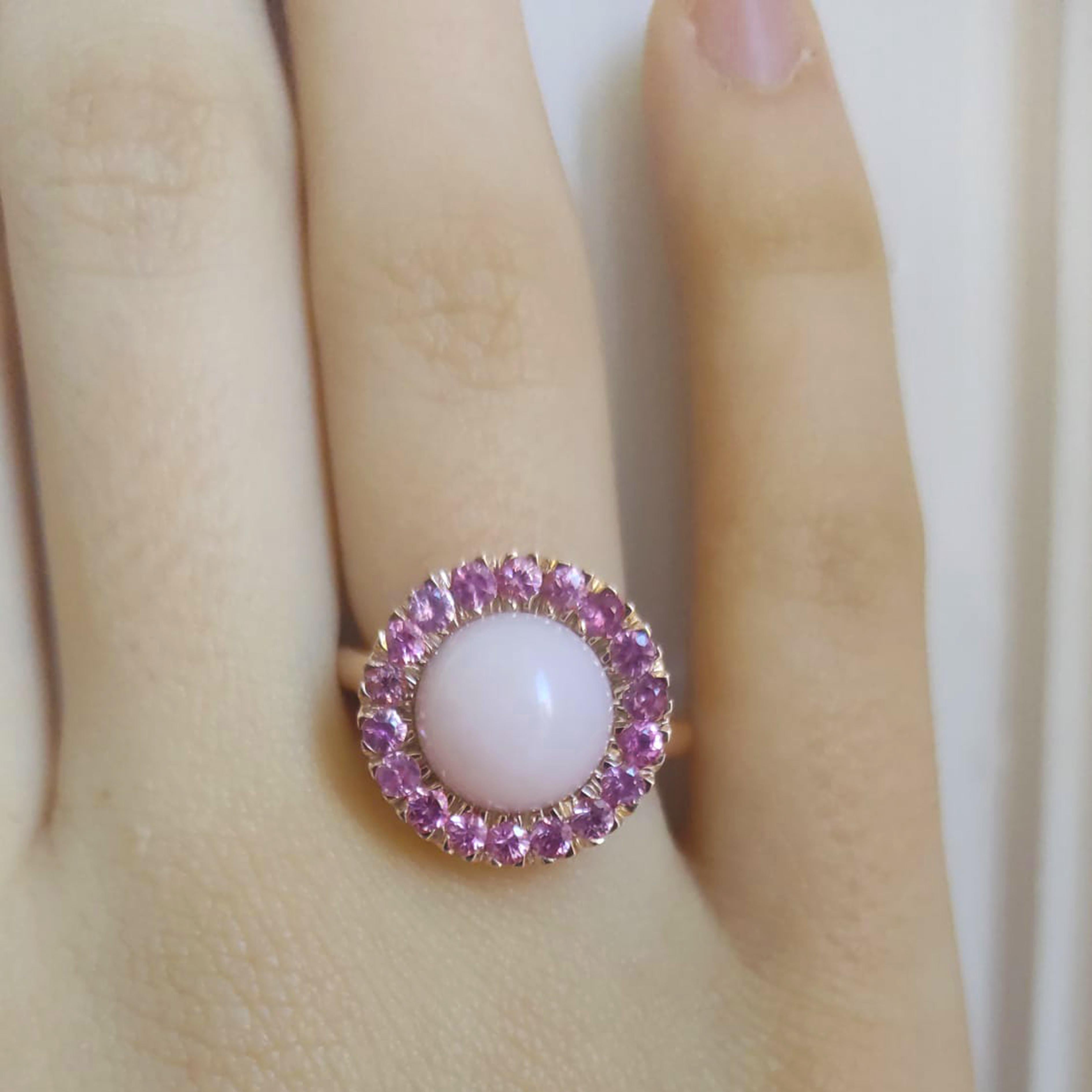 Brilliant Cut Berca Pink Sapphire Round Pale Rose Opal Cabochon Rose Gold Cocktail Ring For Sale