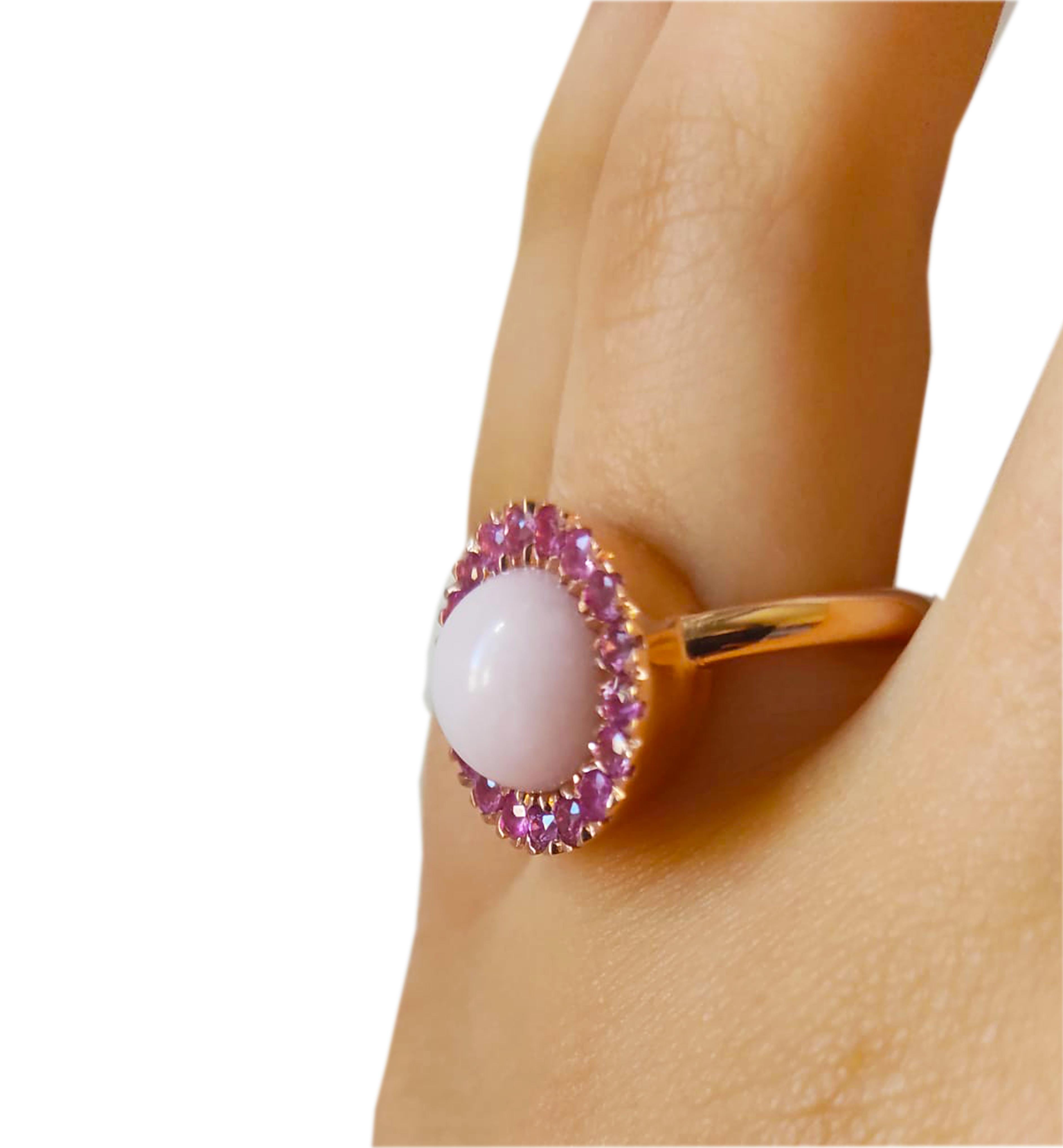 Women's Berca Pink Sapphire Round Pale Rose Opal Cabochon Rose Gold Cocktail Ring For Sale