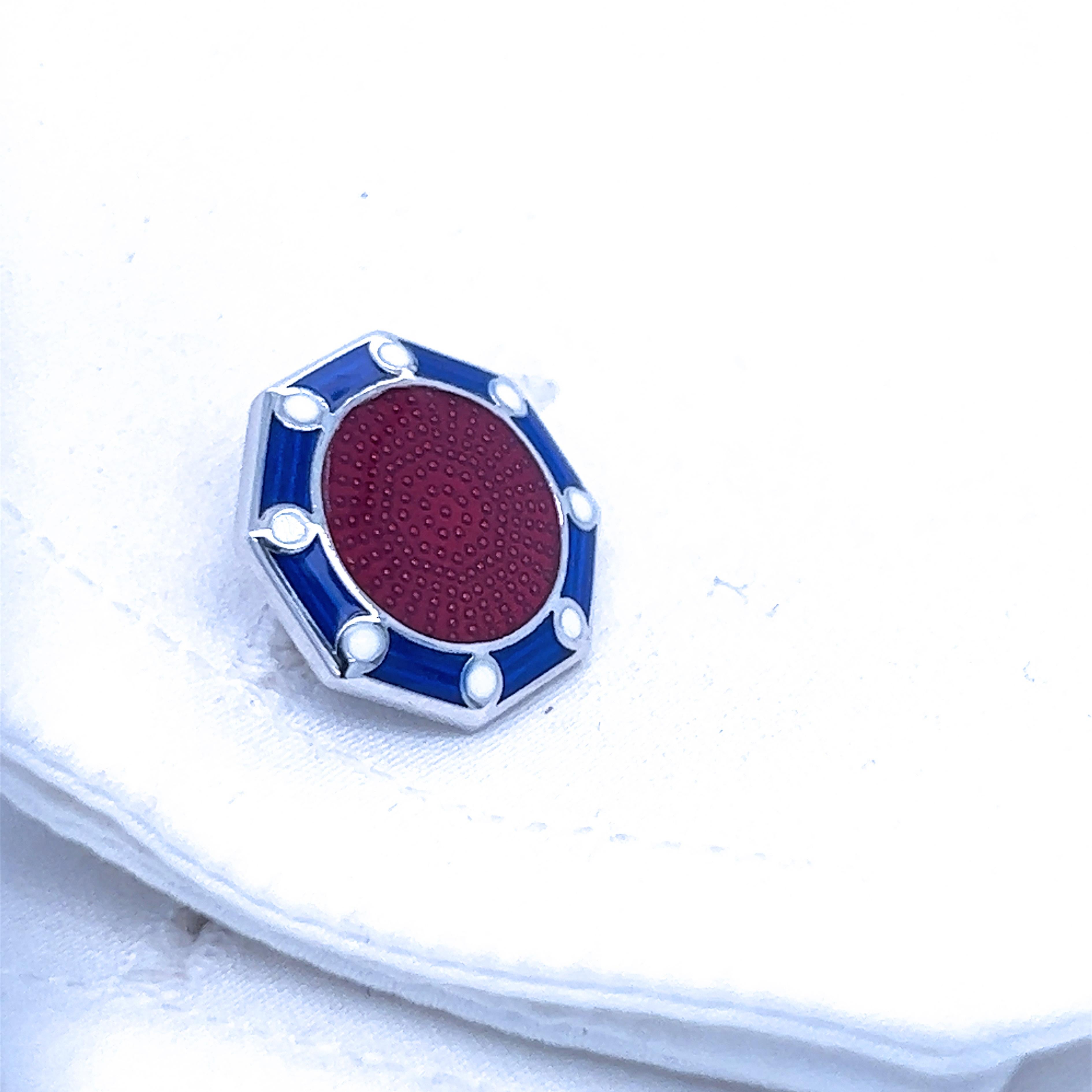 Contemporary Berca Red Blue White Hand Enamelled Sterling Silver Cufflinks T-Bar Back For Sale