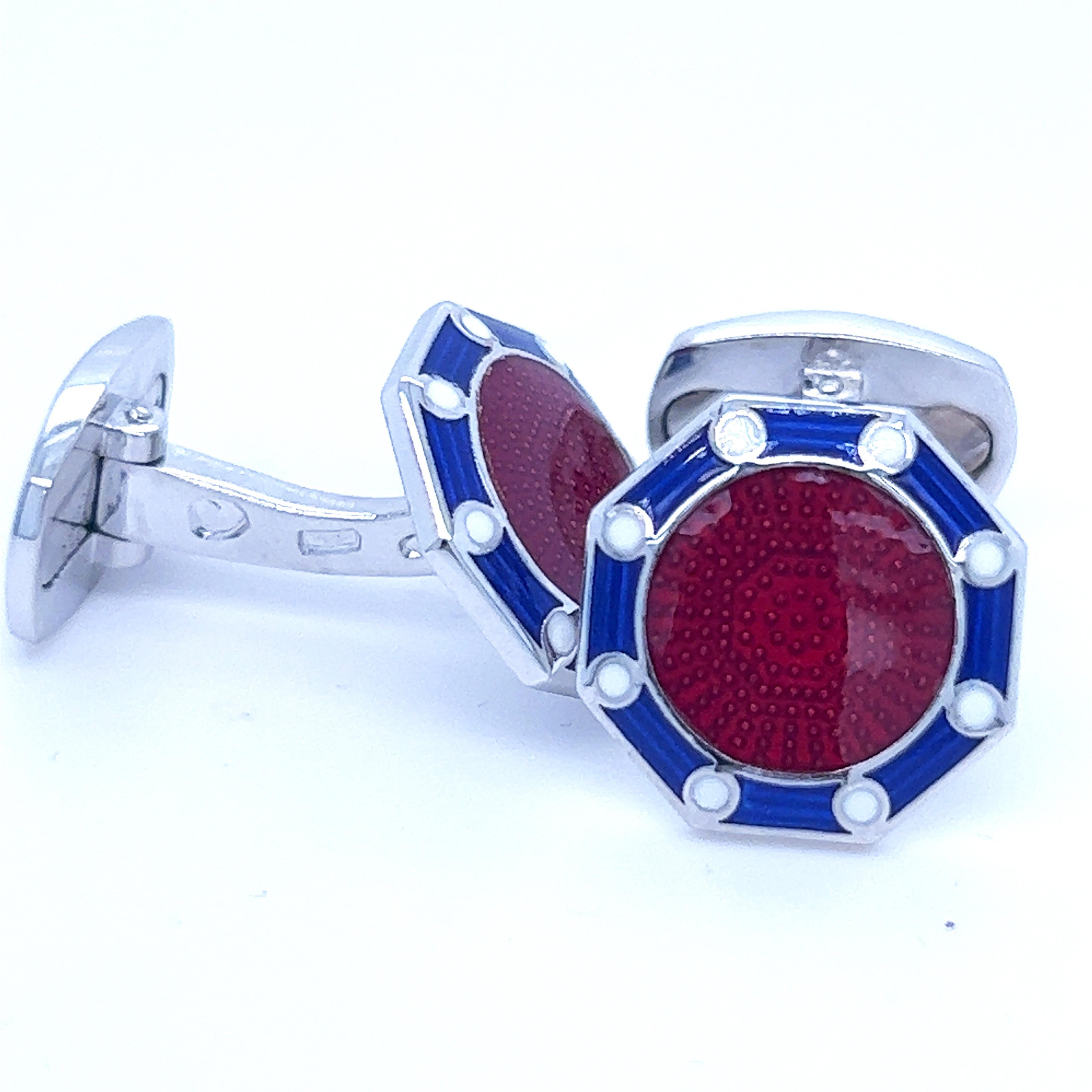 Berca Red Blue White Hand Enamelled Sterling Silver Cufflinks T-Bar Back In New Condition For Sale In Valenza, IT