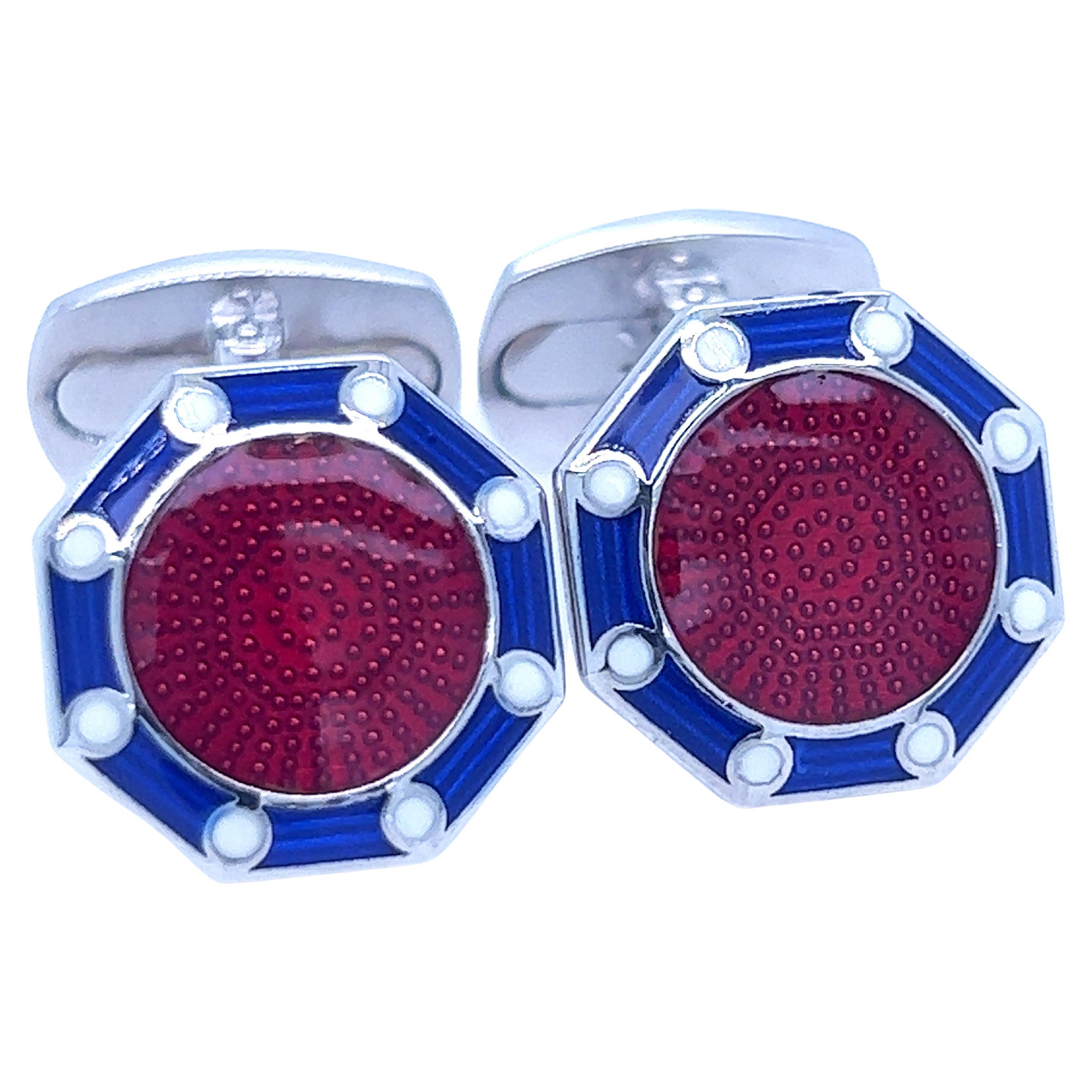 Berca Red Blue White Hand Enamelled Sterling Silver Cufflinks T-Bar Back For Sale