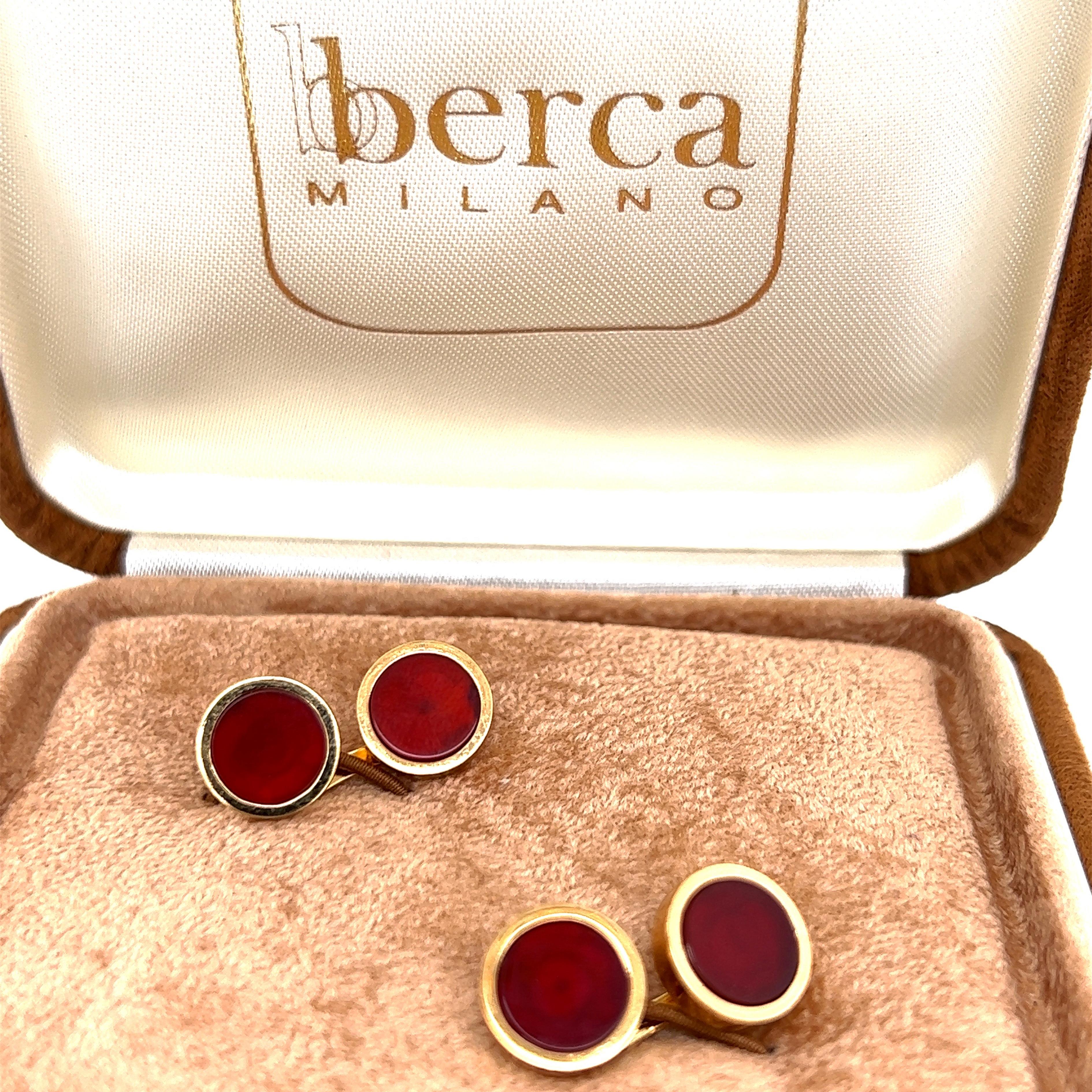 Men's Berca Red Carnelian Disk Round Shaped Sterling Silver Gold Plated Cufflinks For Sale