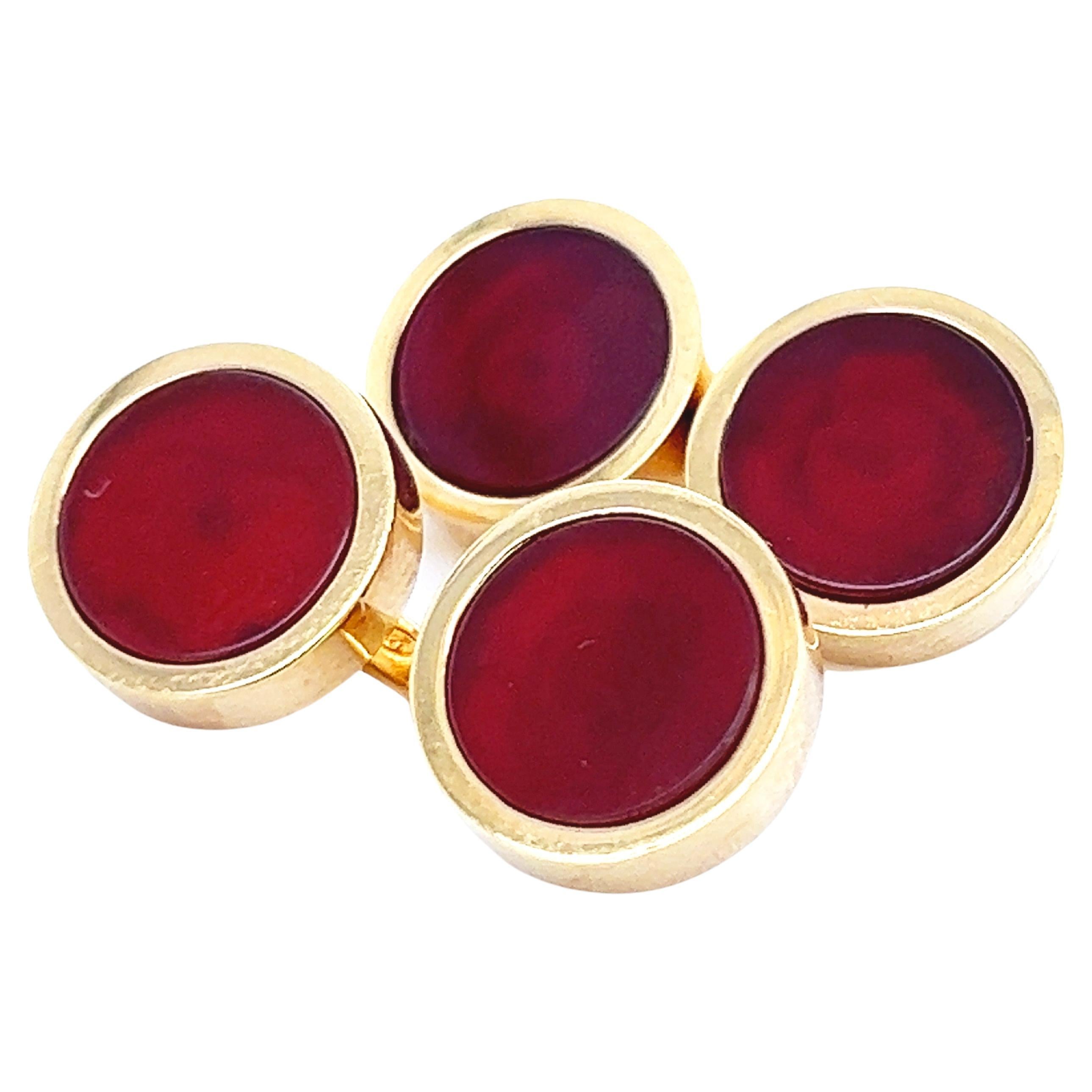Berca Red Carnelian Disk Round Shaped Sterling Silver Gold Plated Cufflinks For Sale