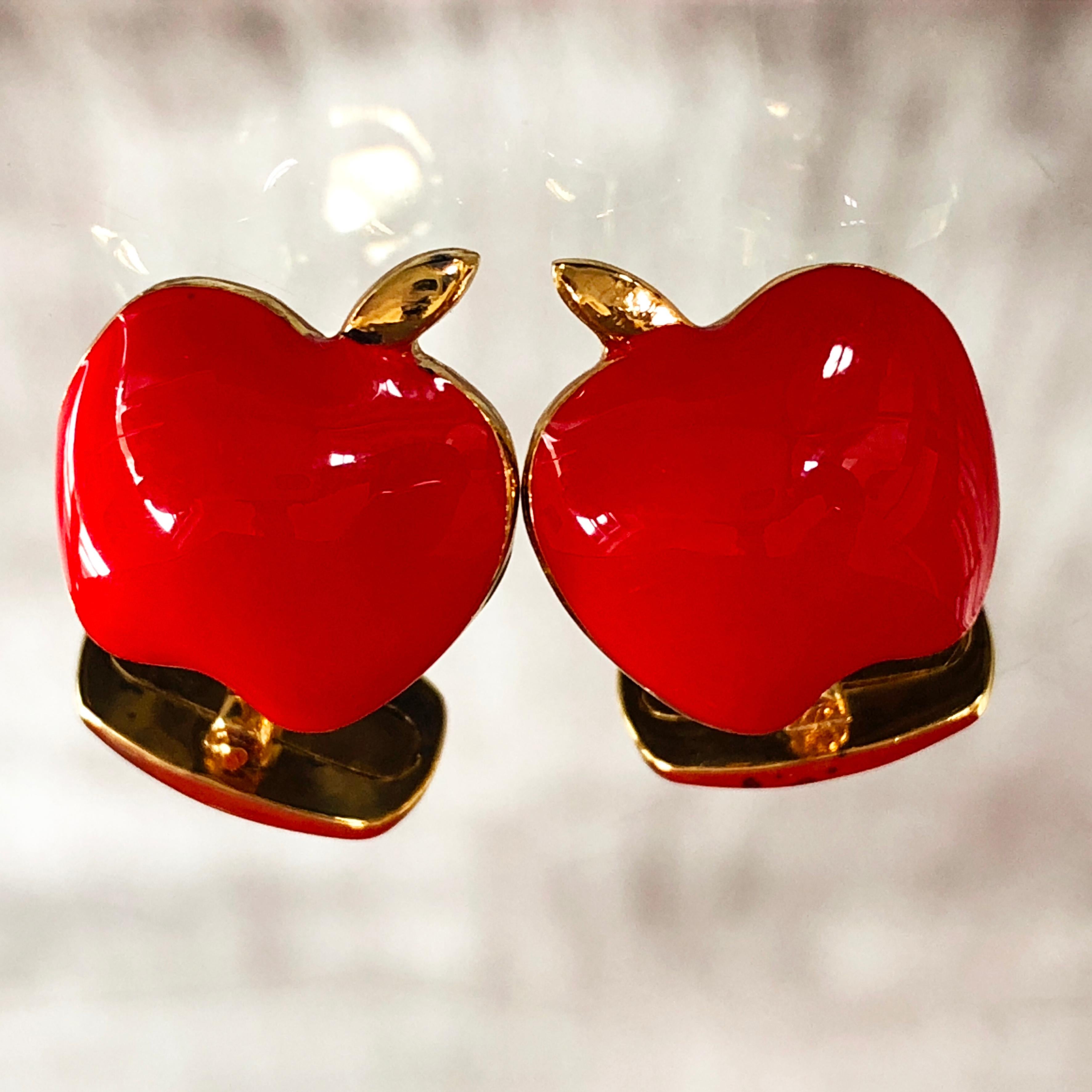 Contemporary Berca Red Hand Enameled Apple Shaped Sterling Silver Gold-Plated Cufflinks