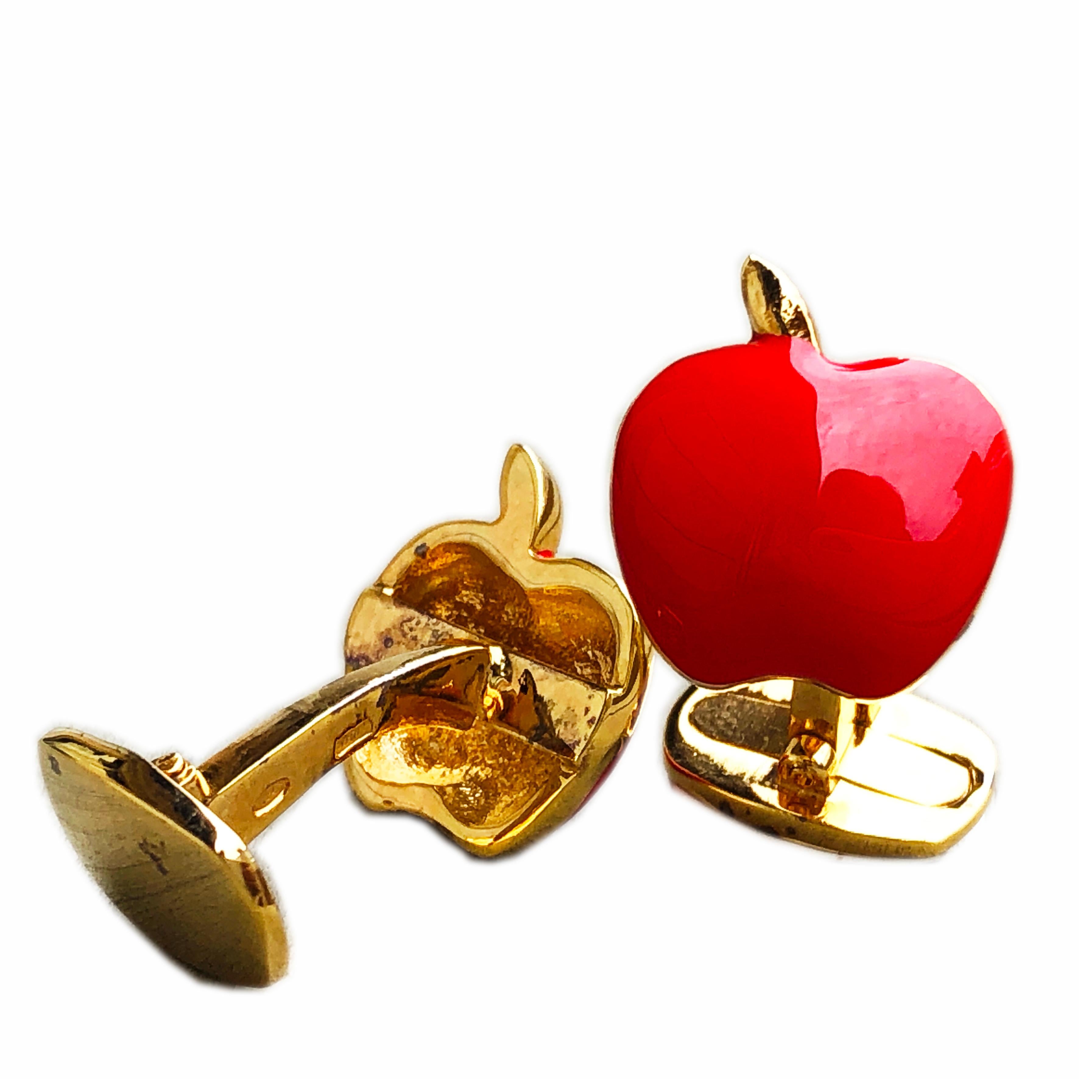 Berca Red Hand Enameled Apple Shaped Sterling Silver Gold-Plated Cufflinks In New Condition In Valenza, IT