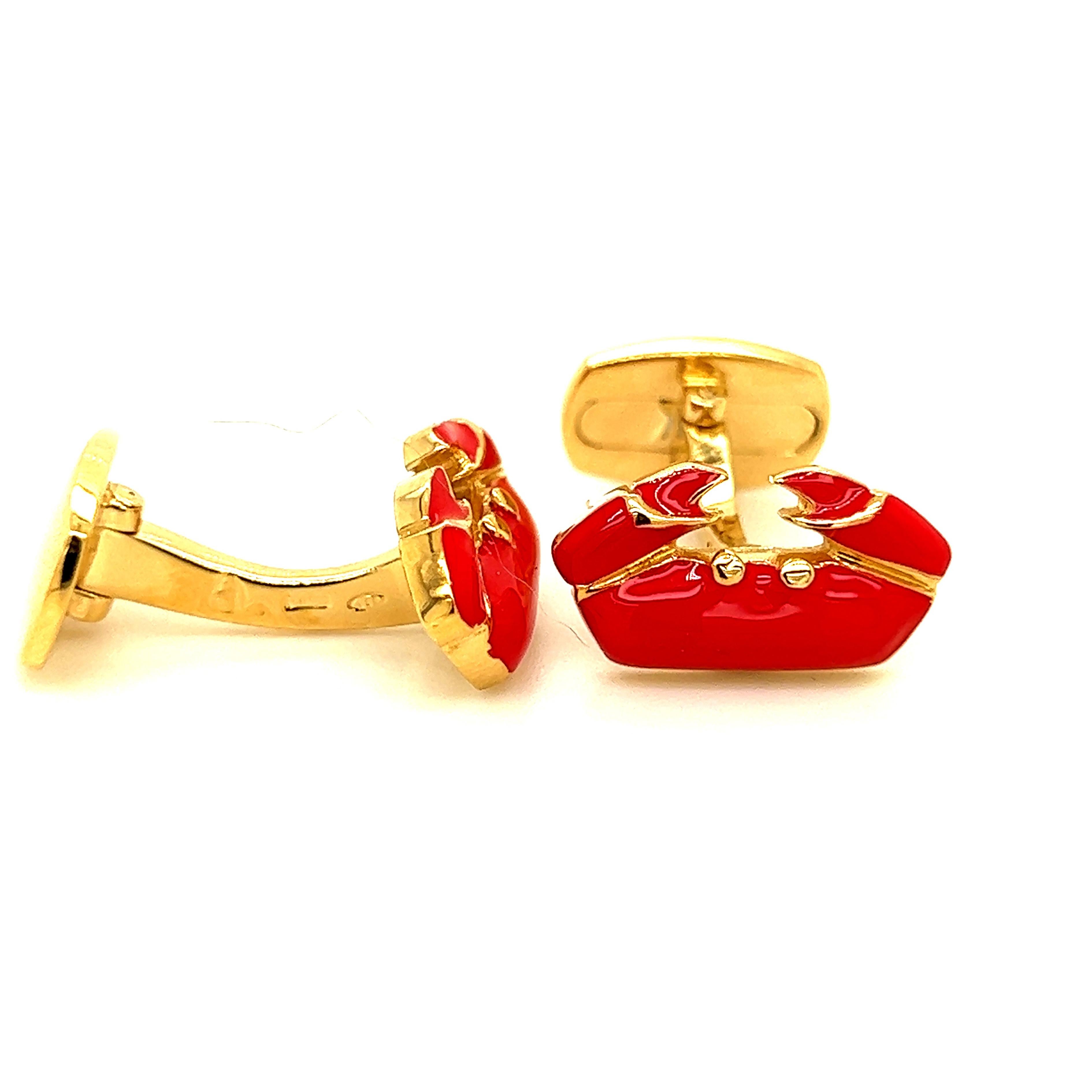 Unique and Chic Red Hand Enamelled Little Crab Shaped,  Cancer Zodiac Sign, T-Bar Back, Sterling Silver Gold-Plated Cufflinks.
In our smart tobacco suede leather case and pouch.

