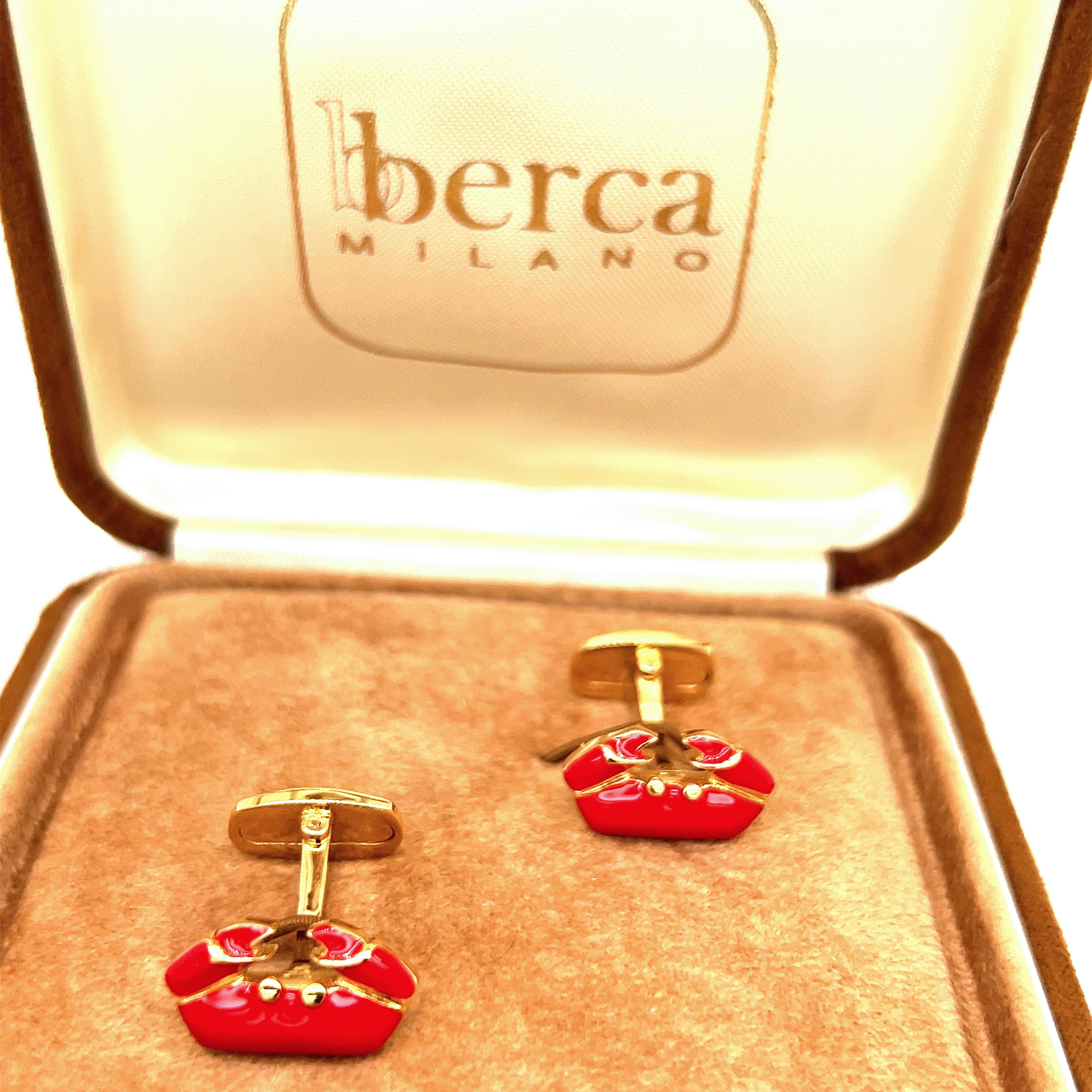 Men's Berca Red Hand Enameled Crab Shaped Sterling Silver Gold Plated Cufflinks For Sale
