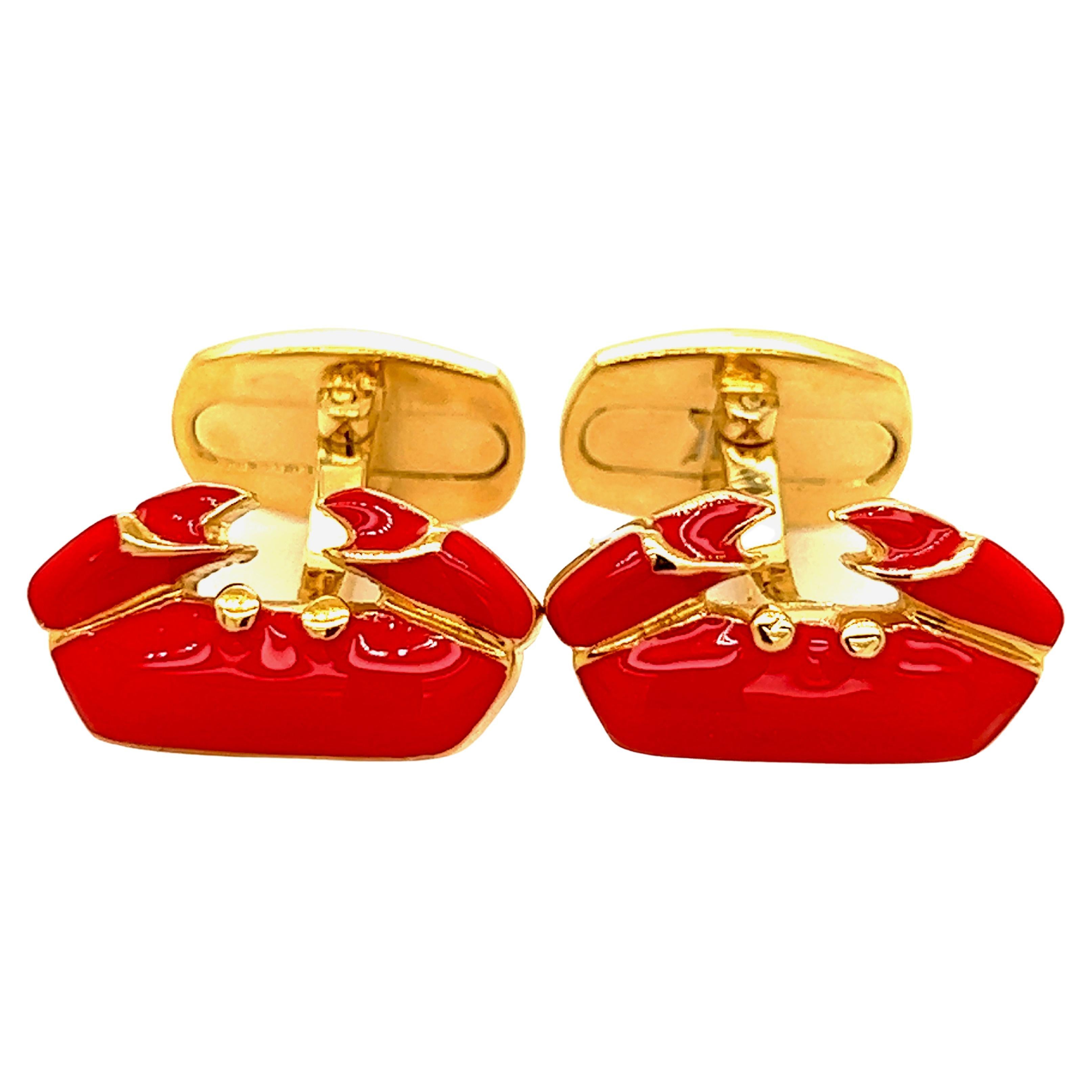 Berca Red Hand Enameled Crab Shaped Sterling Silver Gold Plated Cufflinks For Sale