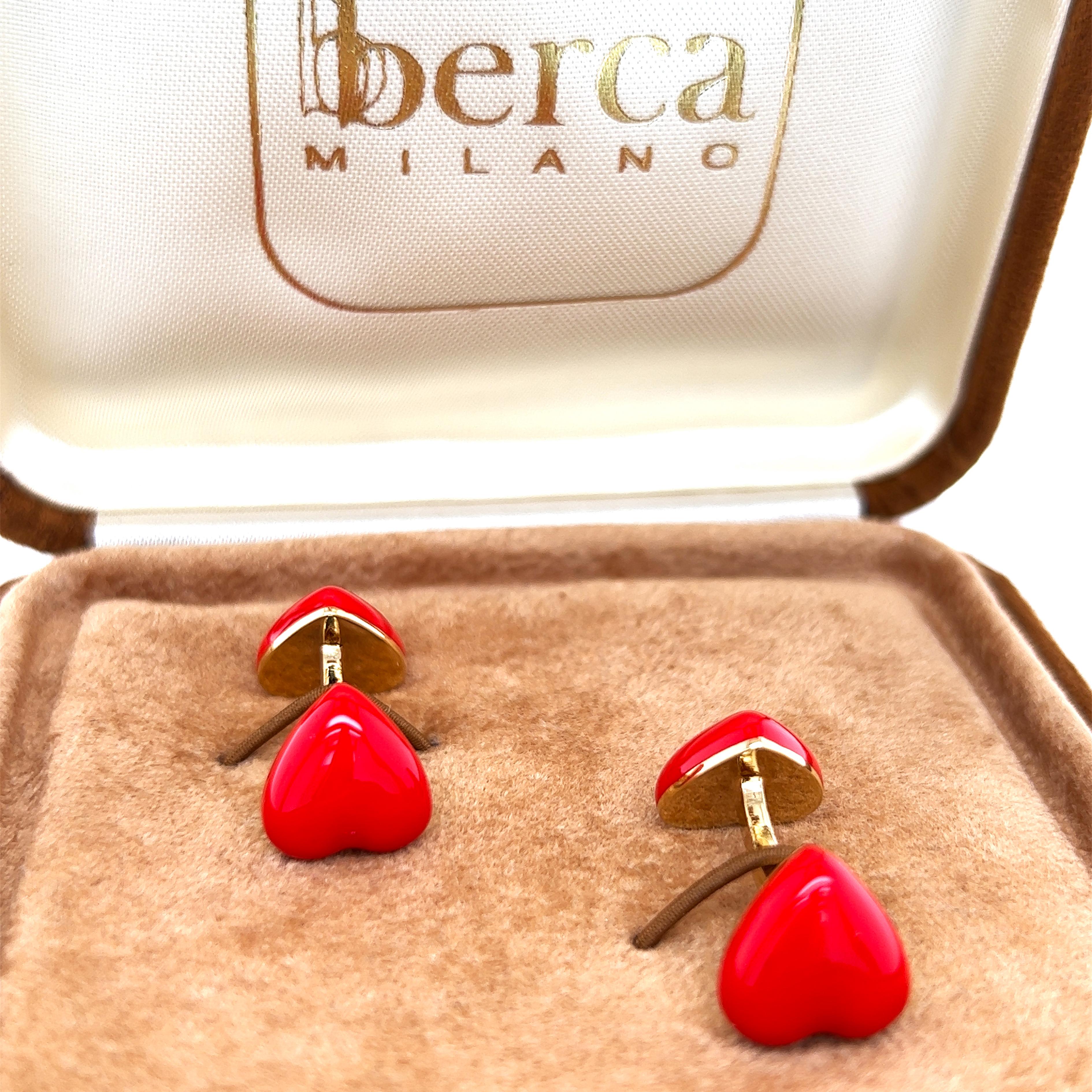 Berca Red Heart Shaped Hand Enamelled Sterling Silver Gold Plated Cufflinks For Sale 5