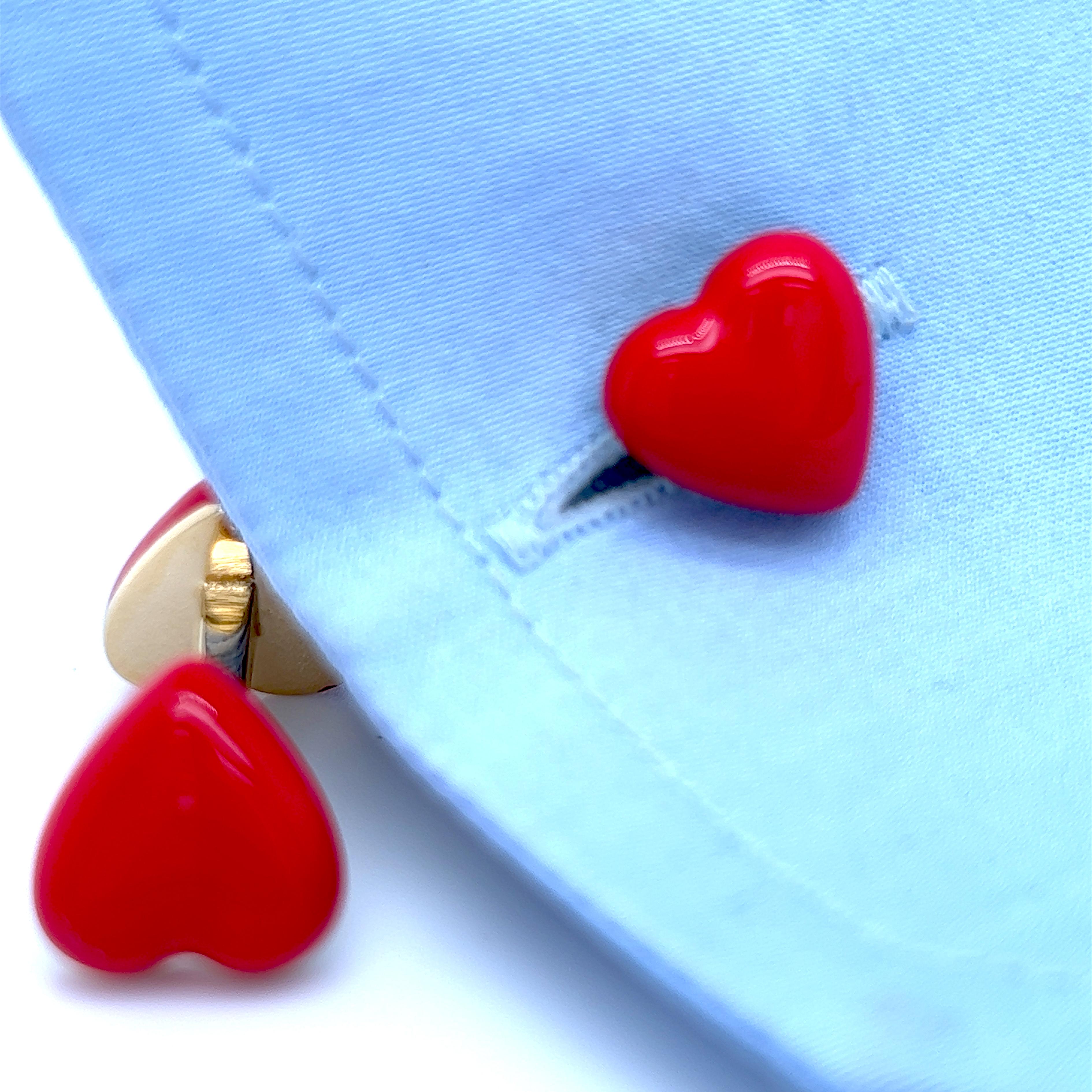 Contemporary Berca Red Heart Shaped Hand Enamelled Sterling Silver Gold Plated Cufflinks For Sale