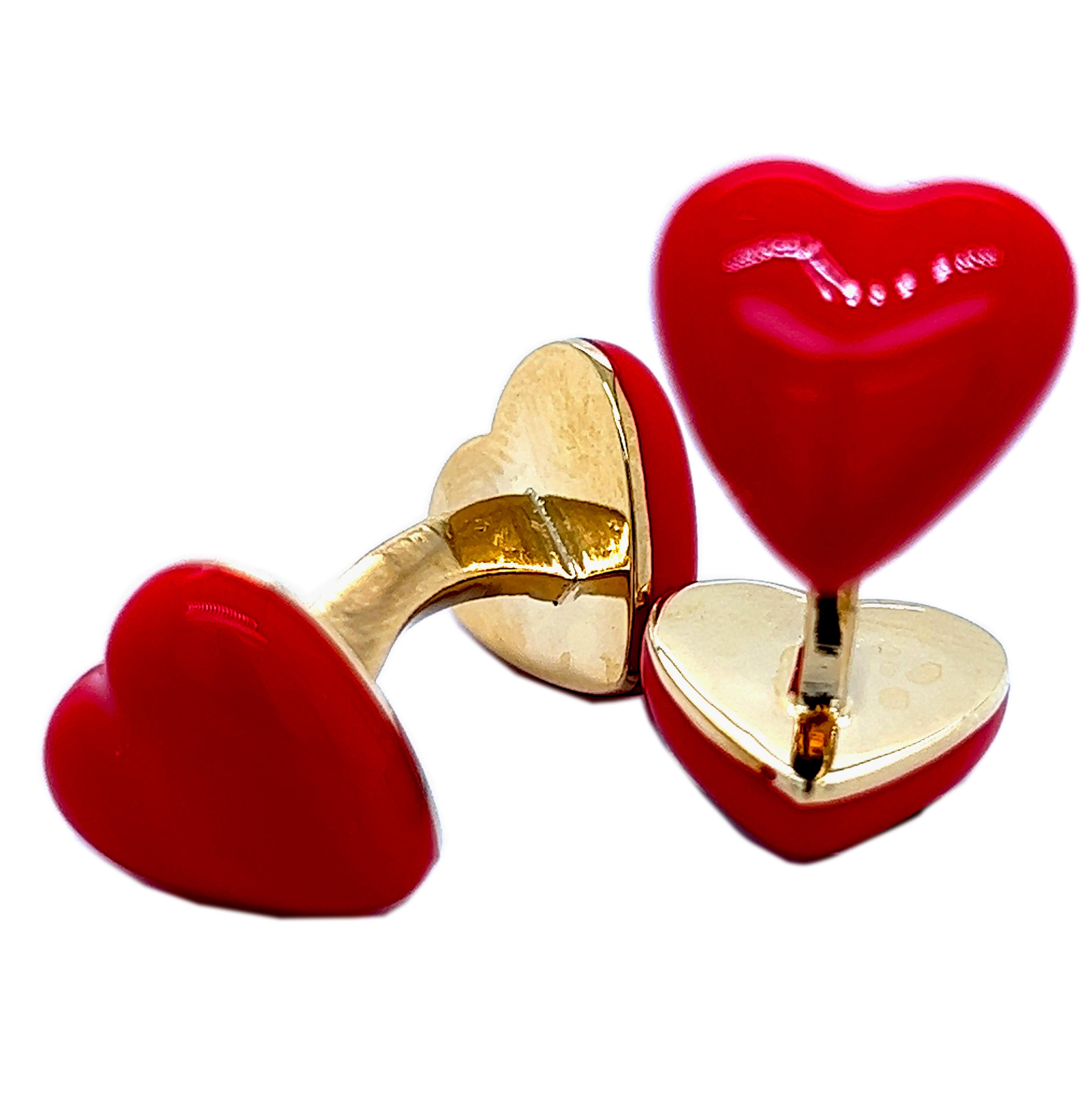 Women's or Men's Berca Red Heart Shaped Hand Enamelled Sterling Silver Gold Plated Cufflinks For Sale