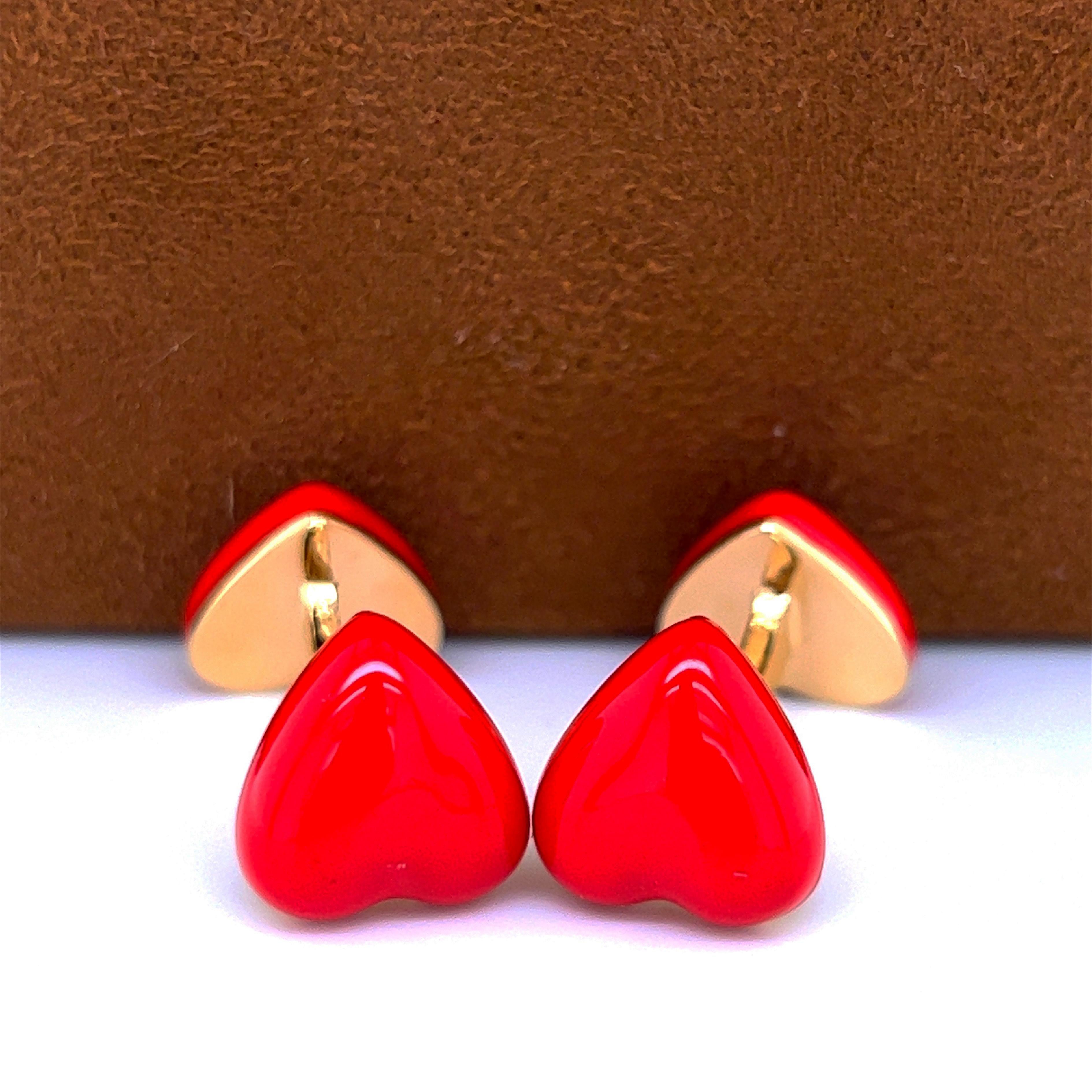 Berca Red Heart Shaped Hand Enamelled Sterling Silver Gold Plated Cufflinks For Sale 1