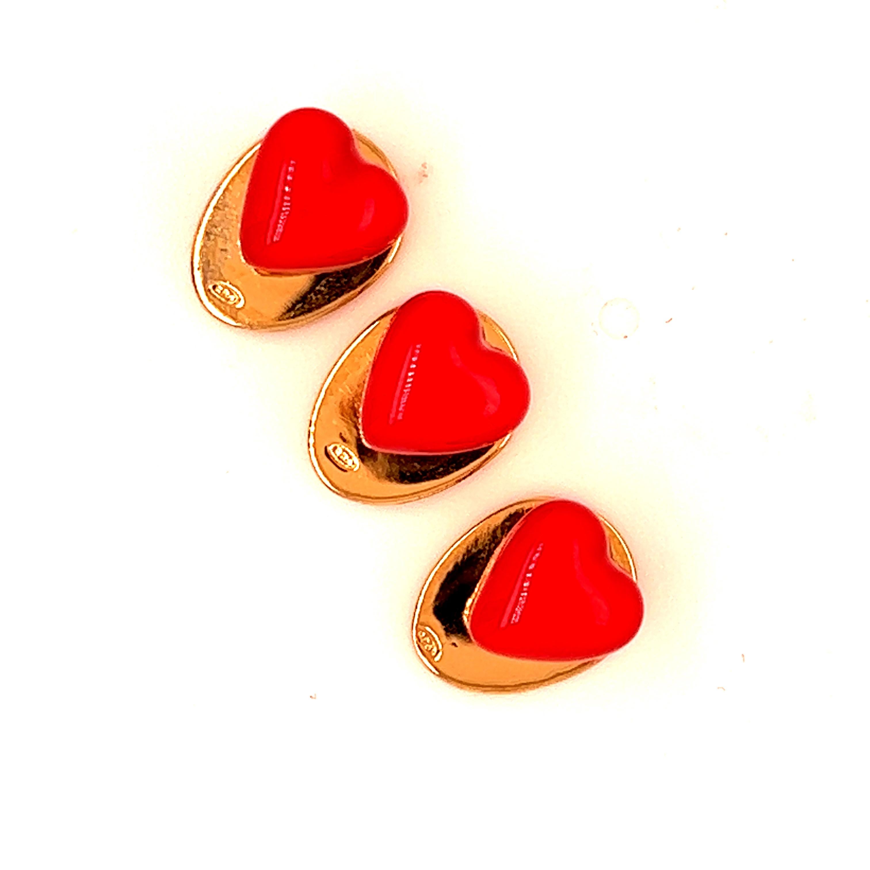 Berca Red Heart Shaped Hand Enamelled Sterling Silver Gold Plated Stud Set For Sale 8
