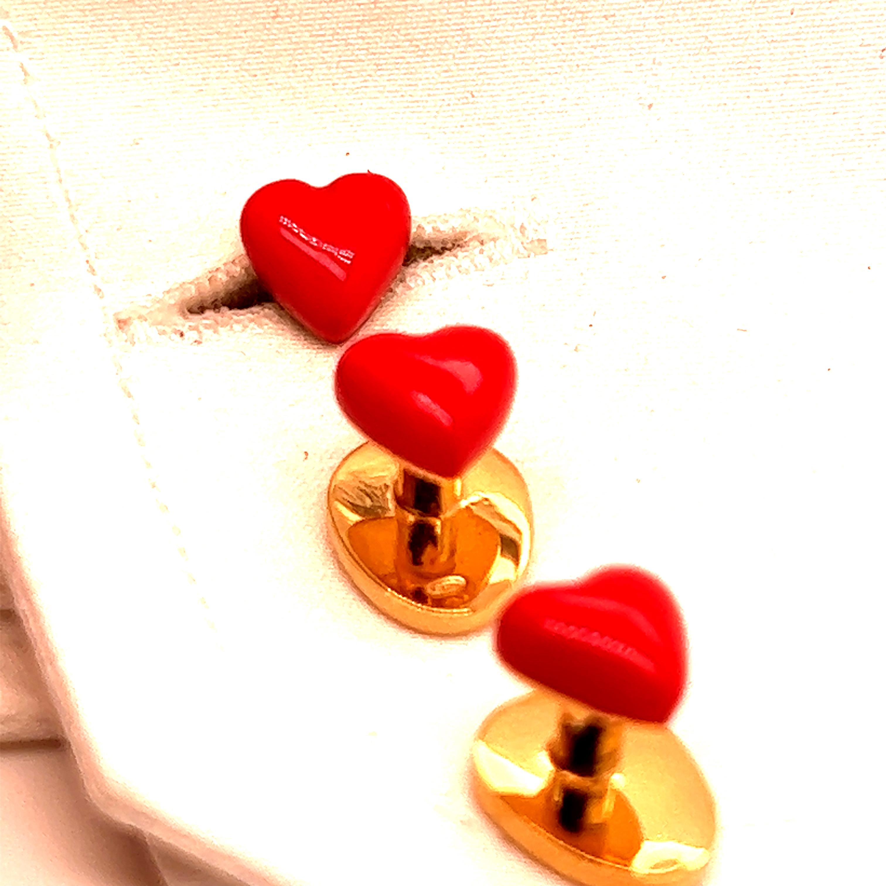 Contemporary Berca Red Heart Shaped Hand Enamelled Sterling Silver Gold Plated Stud Set For Sale